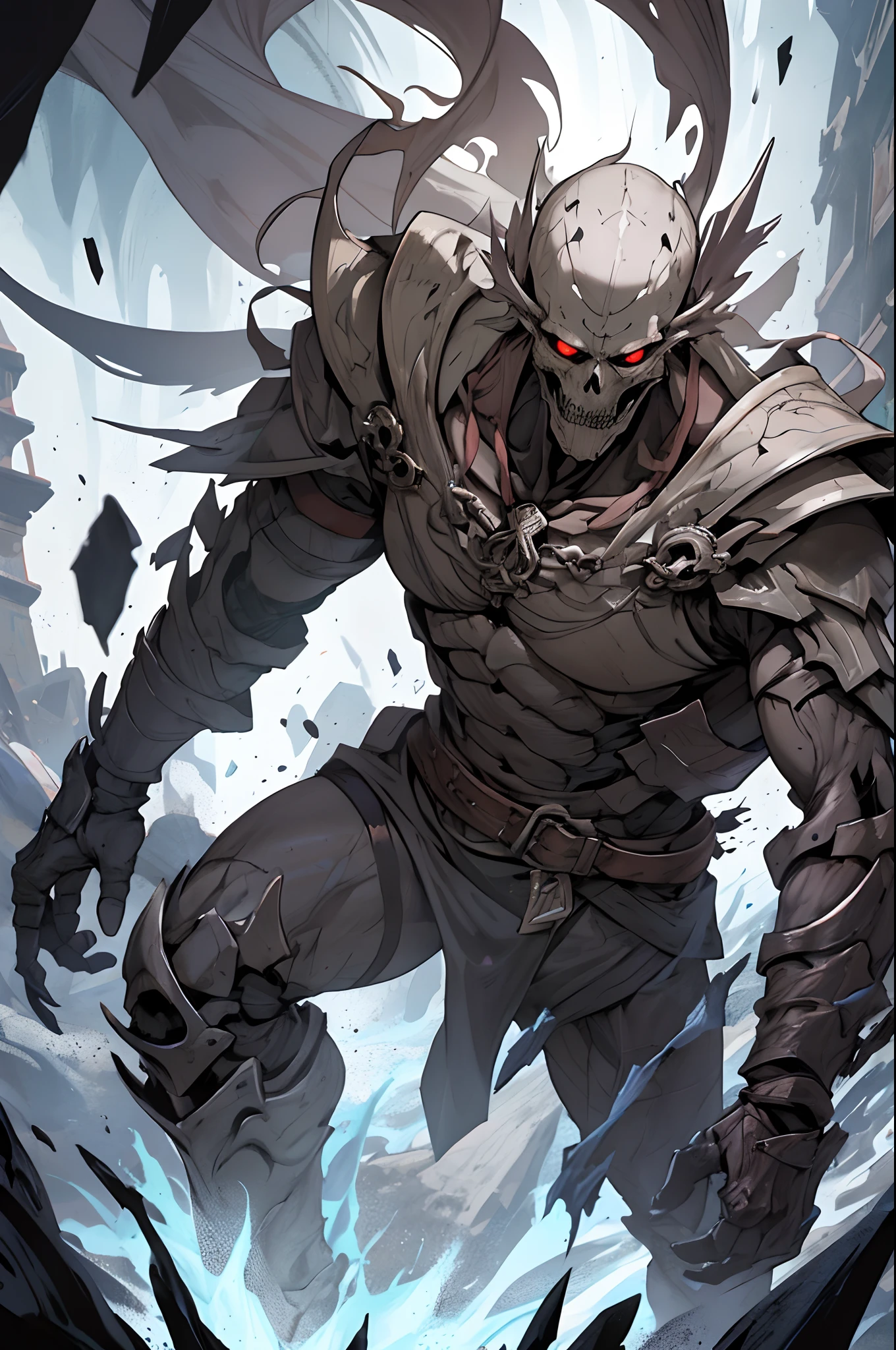 Create me a cool skeleton warrior to play DnD. It has to be scary and powerful, With Bone Armor and Weapons, that look like shards of death. Let his black eye sockets radiate menace., And his bony fingers hold the instrument of death. Let his footsteps be heard, Like the creaking of bones, and his presence terrifies the hearts of his enemies. Give it a name, which reflects his ruthless nature and unyielding will to win.