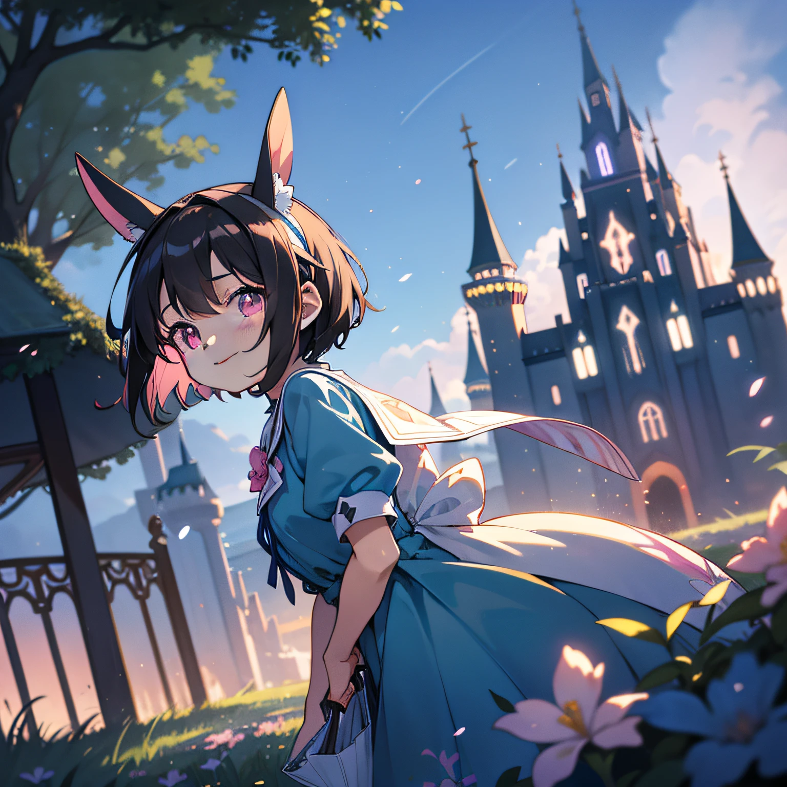 masterpiece,best quality,Colorful pastels in absurd high resolution, (Watercolor art: 1.3), (Selective Fairness: 1.4), BREAK, 1girl in, ( girl), Very detailed, colourfull, highest details, 1 beautiful girl, Solo,(Cute:1.5),(Chibi:0.8), (kawaii:1.5),(Lori:0.5),(girl, Cute, Cheerful, Loli face, slightly bulging chest),(A dark-haired,Disheveled short bob,tareme,Pink eyes:1.2),(sano,A smile,Bad face:1.2), (White rabbit ear headband:1.2),Shiny skin,Clear skin, Beautiful skin,(best quality face),(Top quality glowing eyes), BREAK ,(Vivid colors:1.3), ((Dark Brown Color Alice Band Ribbon)), Blue dress with white apron, Romper,(early evening),Walking, (Fantasy,castle and town:1.5),(castle town,Beautiful building:1.3),(a person々way of life),(Flowers, Trees, Nature:1.3),romantic,(shopping street,street vendors:1.2),(Blue sky), Waterfall,depth of fields, BREAK,wakame,wakame,wakame,(Dynamic Angle:1.4), BREAK,(Blurry background:1.3),(absurderes, hight resolution, Super Detail Art),cel shading,Clear Color, Lonely optical effect, Beautiful pictures, Bright glow, mystic atmosphere,(Close-up of girl:1.1), Mystical light particle effect,manga influence, clean line drawings,