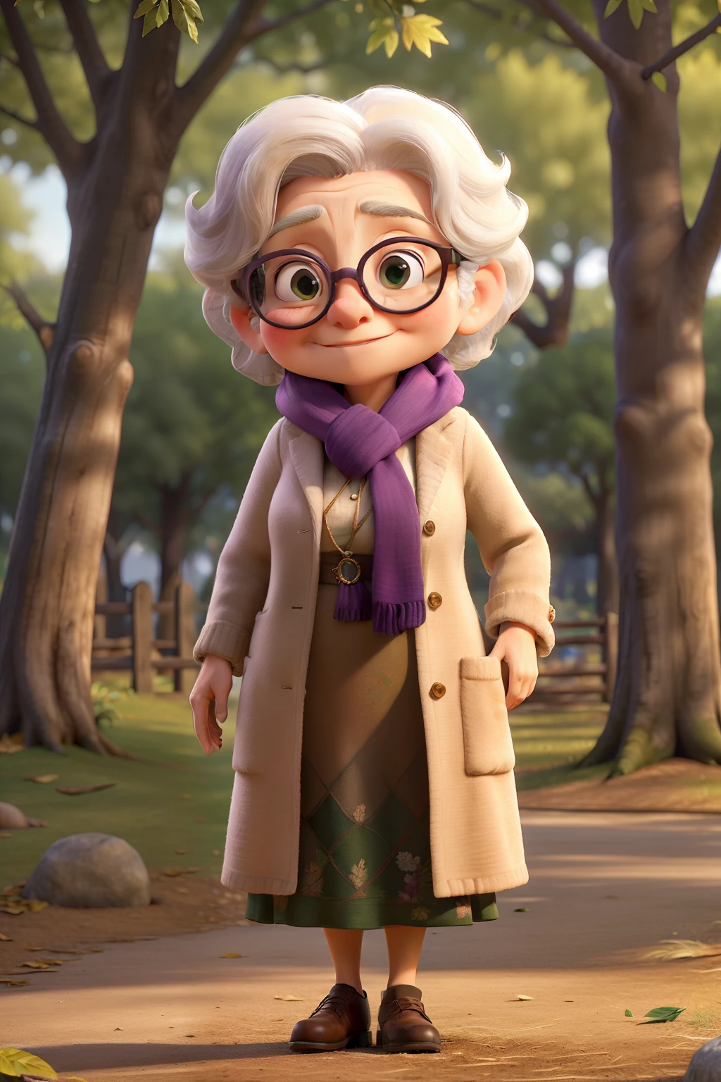 (best quality,masterpiece:1.2),elderly woman with glasses and scarf,standing in the park,wearing a purple coat and green scarf,leaves falling in the background,bright sunshine filtering through the trees,peaceful atmosphere,serene expression,meticulously detailed facial features,soft wrinkles around her eyes and mouth,weathered hands holding a walking stick,gently swaying in the wind,beautifully textured skin with a hint of natural blush,subtle play of light and shadow on her face,emphasizing her wisdom and grace,vivid colors and exquisite brushstrokes,capturing the essence of the scene,creating a timeless portrait,delicate patterns on her coat,adding a touch of elegance,subtle touch of gold in her glasses,creating a warm and nostalgic feel,subtle nuances in her expression,reflecting a lifetime of experiences,contrast between the vibrant park and her calm presence, evoking a sense of harmony and tranquility,texture and depth in the park's foliage,bringing the scene to life,subtle interplay of warm and cool tones,enhancing the overall mood,impeccable attention to detail,showcasing the artist's skill,sharp focus on the subject,allowing every intricate detail to shine,subtle bokeh,creating a dreamlike atmosphere,emphasizing the woman's presence,perfectly balanced lighting,illuminating the scene from different angles,adding depth and dimension,hint of soft sunset glow,casting a warm and gentle light on the park,inviting viewers into the painting,to immerse themselves in the serene beauty of the moment.