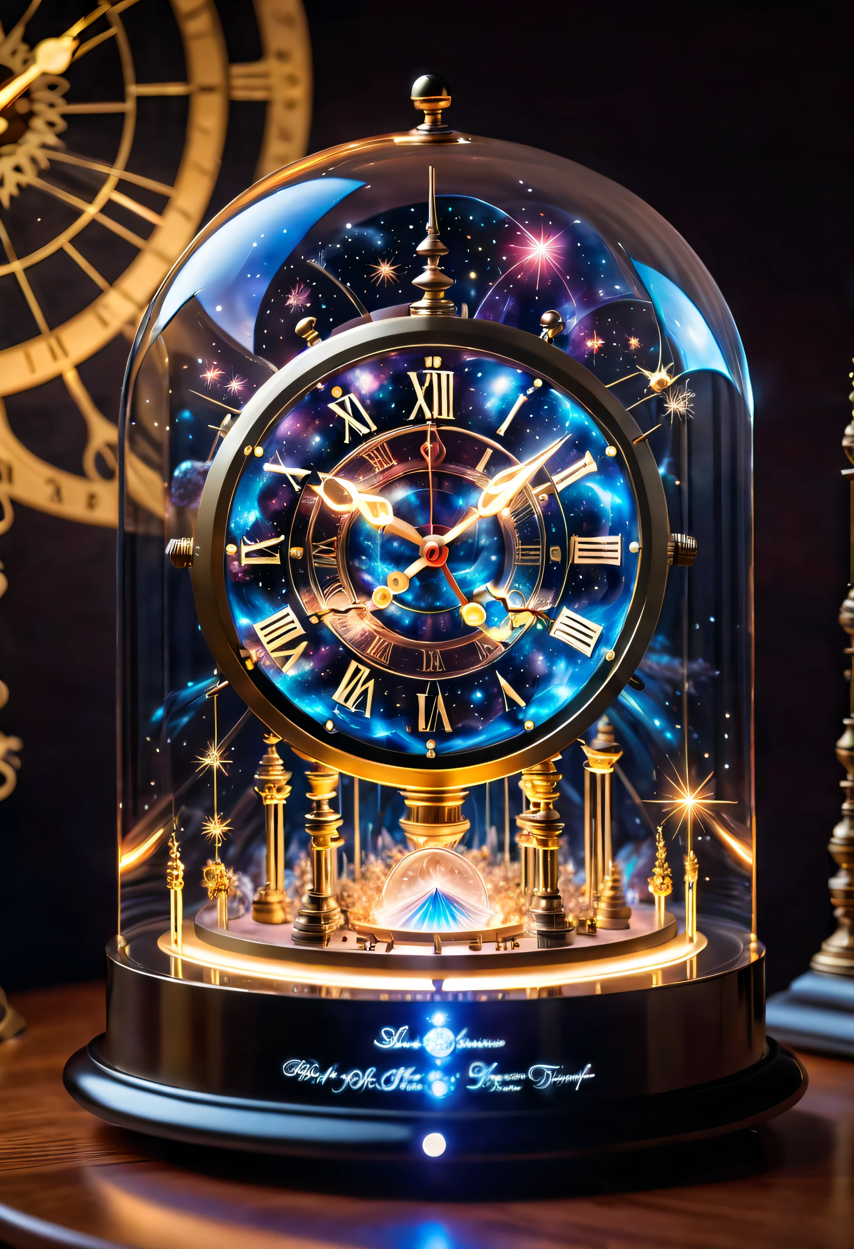 The exterior of this clock is made of a large piece of transparent crystal，The inside of the crystal seems to be inlaid with countless tiny stars and nebulae，Its shimmering light flickered to form a flowing cosmic scene。The entire clock is surrounded by a dazzling starry sky，It's like traveling through time and space，Immerse yourself in a mysterious universe。 The hands of the clock are no longer traditional mechanical structures，Instead, it consists of a miniature laser beam，Each rotation leaves a beautiful trail of light in the space。These laser hands radiate outward from the center of the clock，Like a starlight in the universe，Full of mystery and energy。The passage of time is no longer limited by the dial，Rather, it follows the flow of the laser pointer，Presents a fantastic visual effect，It makes people feel the flow of time and the rhythm of the universe。 The base of the clock is made of futuristic technical materials，It's like a fascinating cosmic base，It is covered with glowing LED installations，It's like a star-crossed city。Every time the clock starts or chimes，The LED lights on the base will show a colorful light and shadow，It is as beautiful and mysterious as a nebula，It makes you feel as if you have traveled to another dimension，clock，IvoryGoldAI, (Conceptual art, Ghibli-like colours, Hyperrealism, UHD, masterpiece, ccurate, anatomically correct, super detail, award winning, best quality, highres, 8k，The picture is bright，Global illumination，high saturated)