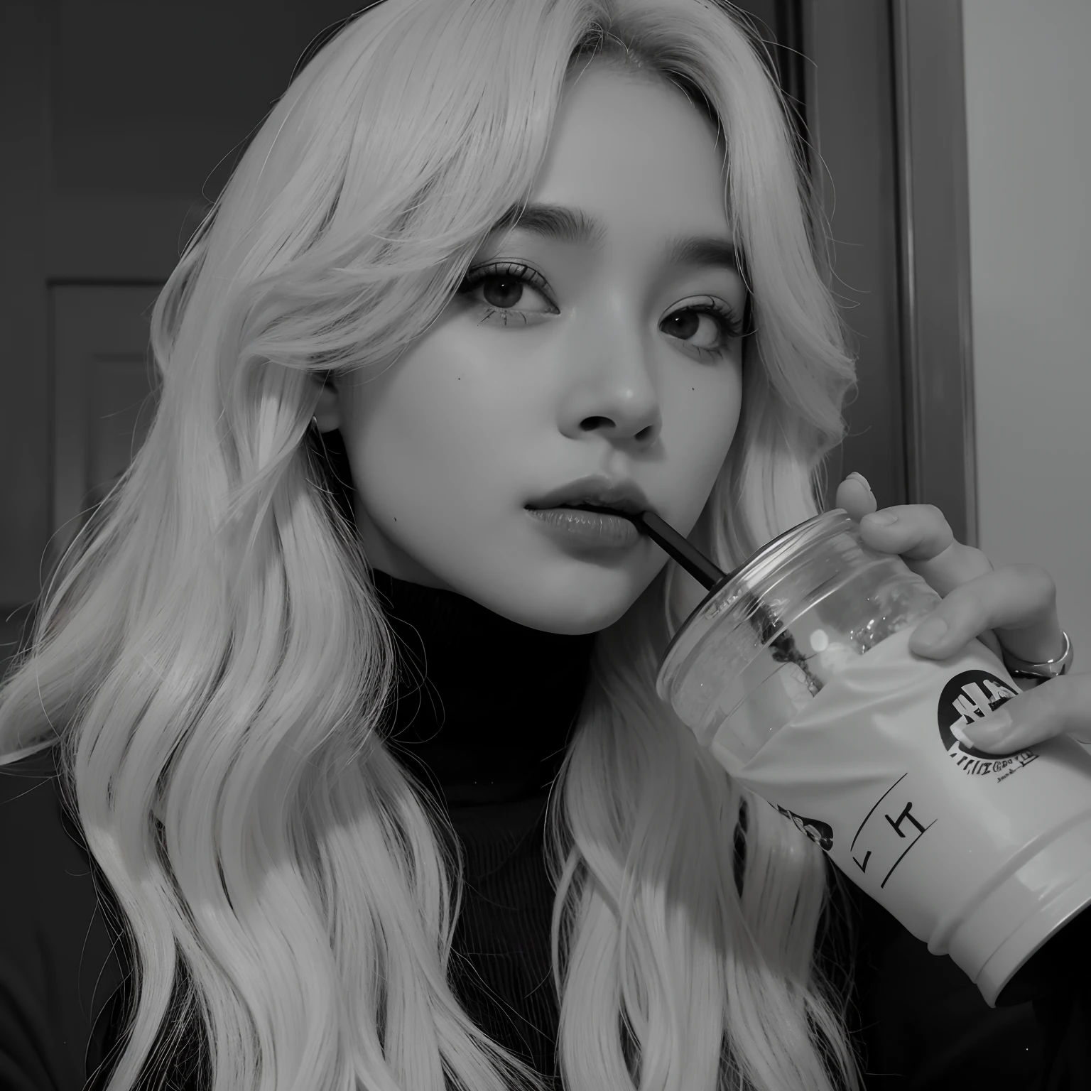 Araffe menino com cabelo loiro longo bebendo uma bebida, imagem em preto e branco, her hair is white, filtro preto e branco, em preto e branco, B puro & em, B puro&em, imagem vazada, black and white color aesthetic