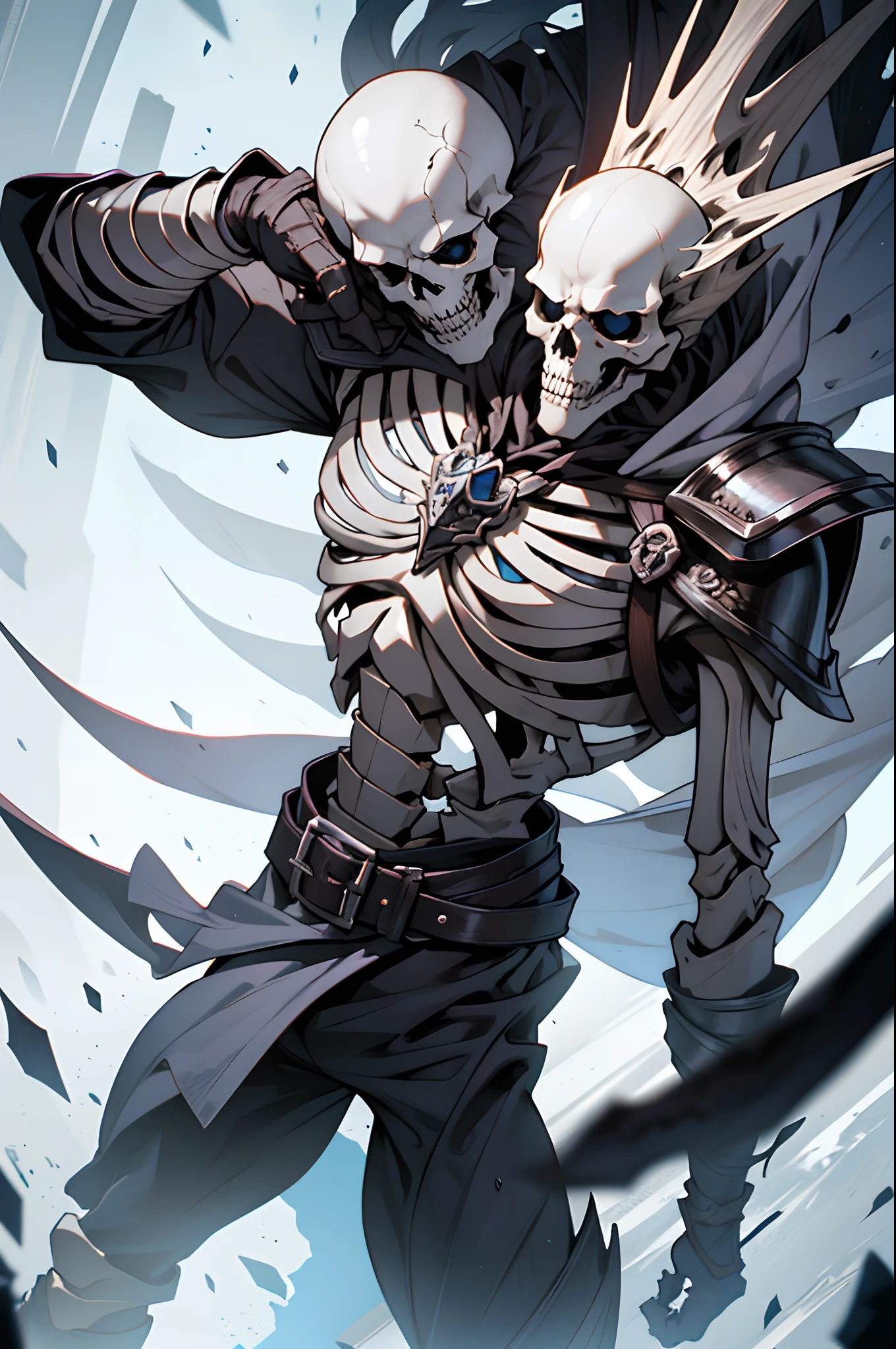 Create me a cool skeleton warrior to play DnD. It has to be scary and powerful, With Bone Armor and Weapons, that look like shards of death. Let his black eye sockets radiate menace., And his bony fingers hold the instrument of death. Let his footsteps be heard, Like the creaking of bones, and his presence terrifies the hearts of his enemies. Give it a name, which reflects his ruthless nature and unyielding will to win.