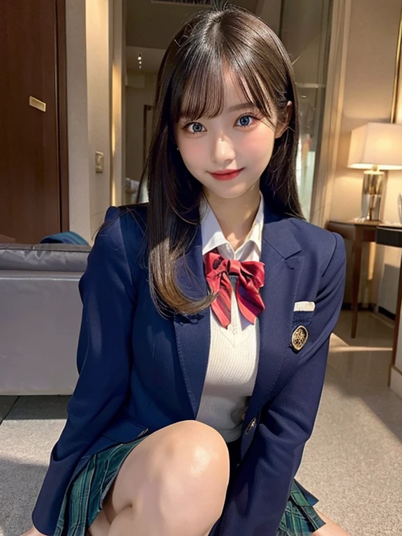 (masutepiece:1.3, Photorealsitic:1.4, 8K), top-quality, ​masterpiece, 超A high resolution, Perfect dynamic composition, Highly detailed skin and facial texture:1.3, A detailed eye, Detailed limbs, 1girl in, Cute sexy 17 year old slim woman, Fair skin, ((Sense of clarity:1.1)), ((Huge chest on the verge of bursting:1.0, Do not show areola)), (A smile:0.9, Totally captivates you:0.9), (High School Girl Blazer Uniform:1.3), (Beautiful blue eyes, Eyes with a sense of beauty with a sense of transparency:0.85), Sexy face:0.4, red blush:1.1, (A mouthfeel that feels beautiful eros:0.85), Professional camera work, Grow Light Effect, ((View from the knee up)), ((Too erotic:0.9))