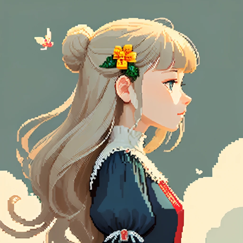 Pale light blue antique dress、Beige long-haired girl、Blunt bangs、profile、Pixel art、Pixel Art Illustration、pixels、Plain background、Upper body 、For icons、pixels_Art Book,Composition centered on the face、Straight face、Floral hair ornament、pixels、Game-style illustration、Pixel art、pixels、Light shading、Fluttering hair、Back hair fluttering in the wind、pixels、Pixel art
