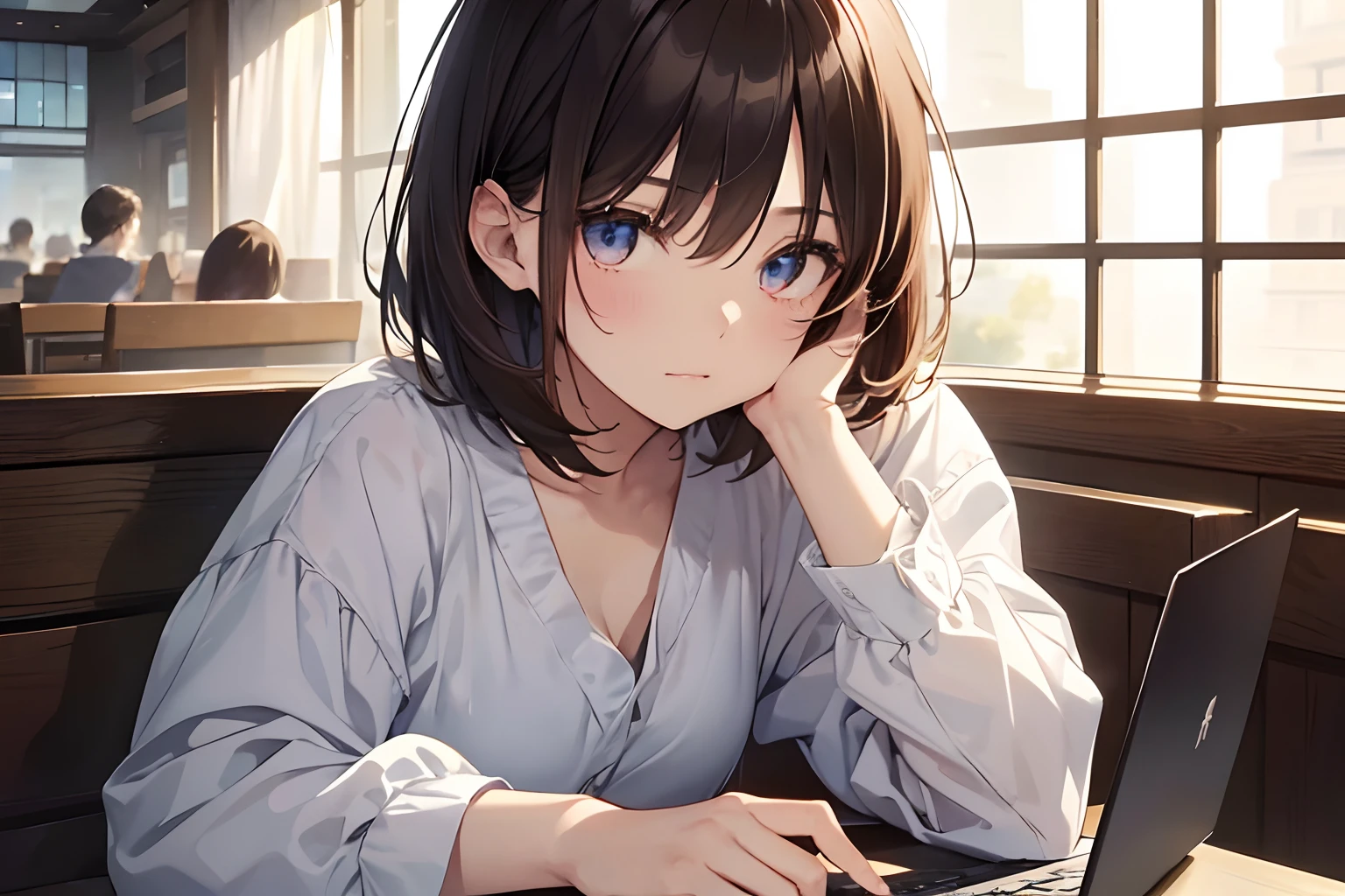 (1girl in),(beautiful eyes finely detailed、Face to detail、masterpiece sidelighting、​masterpiece、top-quality、detaileds、High resolution illustration),Inside a stylish café、Woman using laptop、((use a laptop))、a closeup、18year old、OL、Everyday clothes、Angry、Punpun、The upper part of the body、Brown hair、Short bob hair、The upper part of the body、