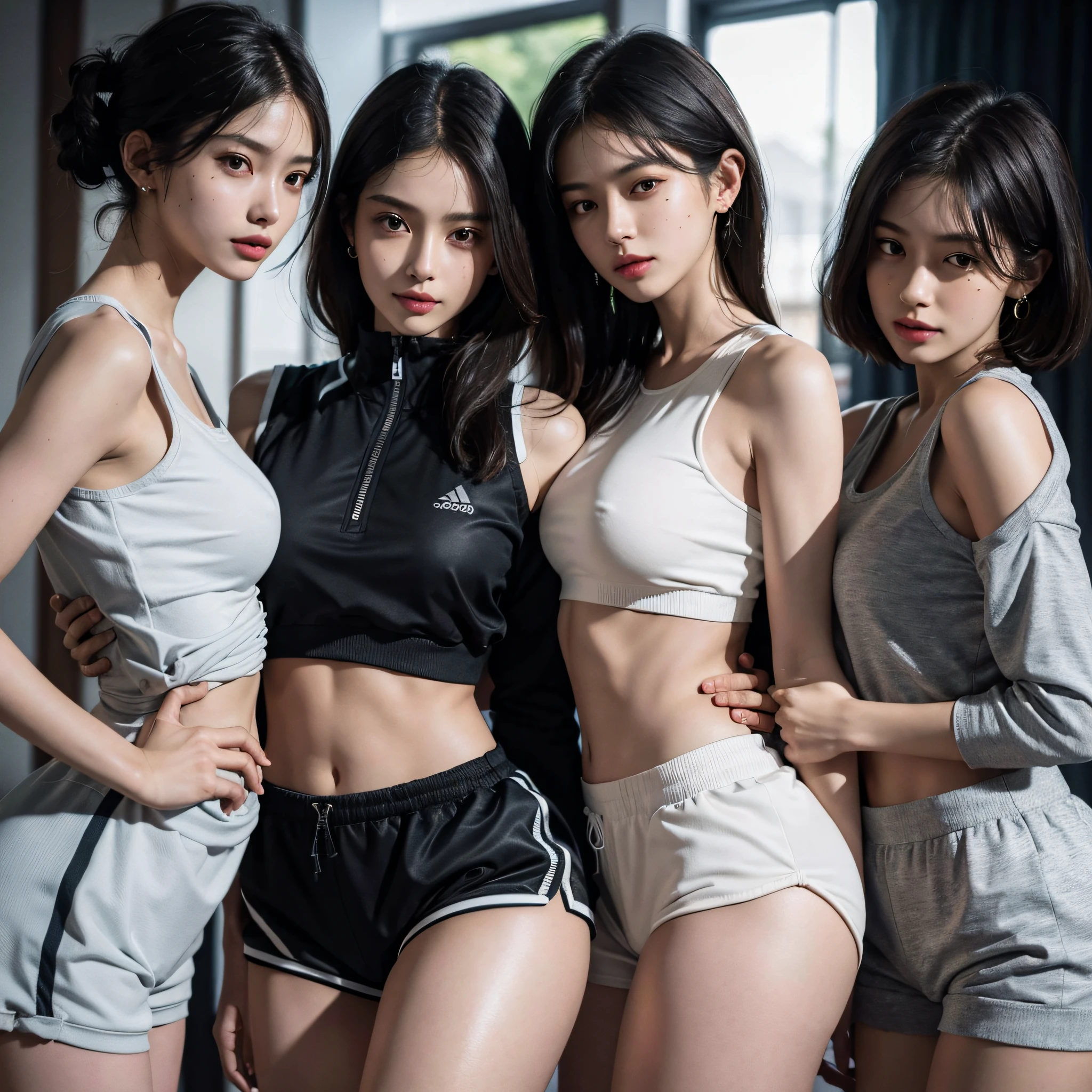 absurdres, RAW photo, extremely delicate and beautiful, masterpiece, Best Quality, ultra high resolution, 16k, hyperrealistic, ultra-detailed, perfect anatomy, super Detailed skin, perfect figure, Very detailed CG 8k wallpaper, in her 20s, very Slim body, narrow waist, very small head, very small face, delicate facial features, tearful mole, mole on chest, earring, thin legs, (very huge round breasts), midriff, sleeveless, (full body shot), (((3 girls))), short medium hair, ((track suit)), shorts, yuri,