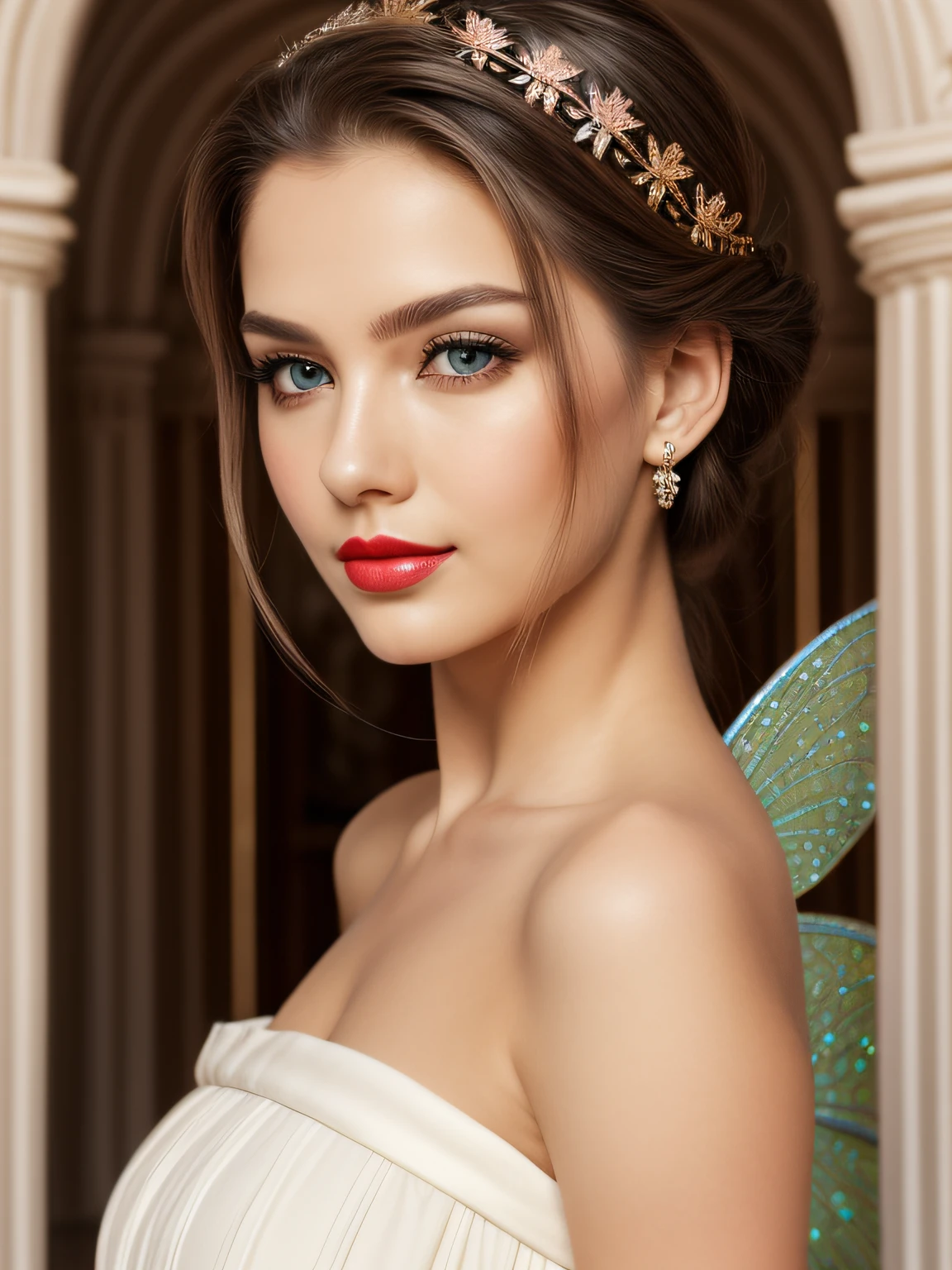 [DSLR, masterpiece, best quality, HD, 8k, ultra-realistic, beauty in it's peak, cute, attitude expression, lipstick, full body shot], a beautiful lady, looking side ways, wearing a goddess dress, super cute girl, having a royal hairstyle, perfect proportion, location : ((a palace, fairy tale palace)), facial features : (oval face shape, asymmetrical face structure, perfect face, almond eye type, hazal eye color, detailed eyes, light brown hair color, with some pink grades, pale white skin, sharp jawline, defined chin) body features : (hourglass figure, 32 inch breast, slim body, white skin tone, 21 years old) , ((professional makeup, cool background)), red lipstick