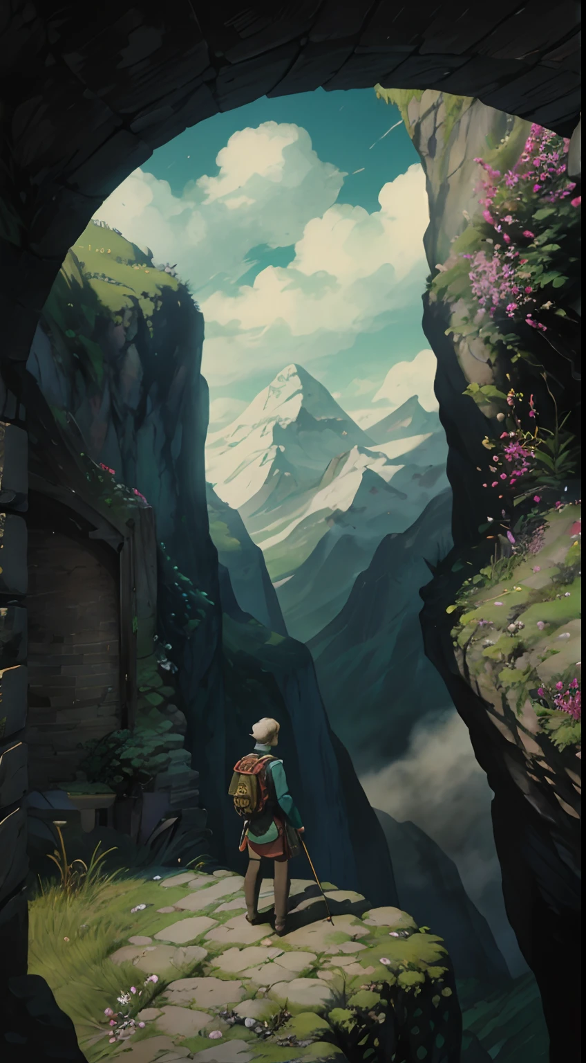 The Fool, tarot card, a young man stands on the edge of a cliff. He's gazing upwards toward the sky, unaware he's about to skip off a precipice into the unknown. Over his shoulder rests a modest knapsack. A white rose in his left hand. At his feet is a small white dog, mountains, highly detailed, high quality, 8k, ethereal, serene, atmospheric, symbolism, stunning visuals, intricate, aesthetic