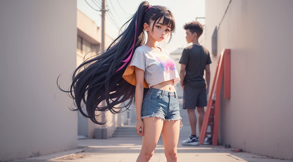 Girl standing with arms extended, character design, plain background, high-tops, shorts, plain grey background, high-top sneakers, colourful clothes, colourful top, t-shirt, cute hairstyle,