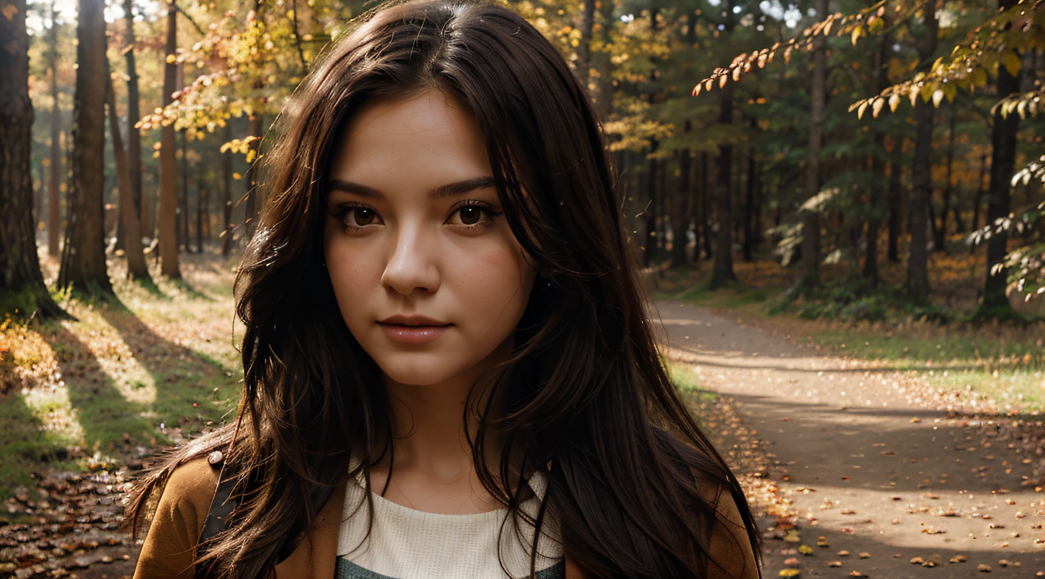 tmasterpiece,Game CG Quality,Girl walking in autumn forest,close-up,Face the lens,A half body