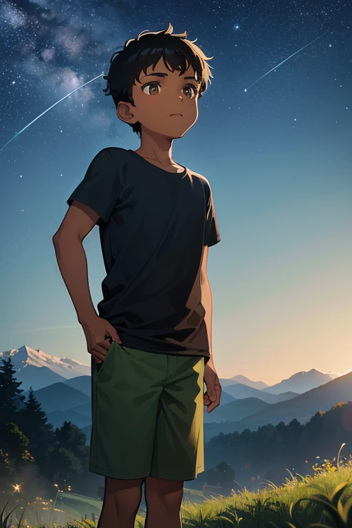 A young brown-skinned boy looks up at the night stars. He has short black hair and wears a green shirt and grey shorts. The background is grass with mountains behind him, with the stars shining, at nighttime. It is nighttime, and the boy is brown-skinned with a plain lime-green shirt with grey shorts.