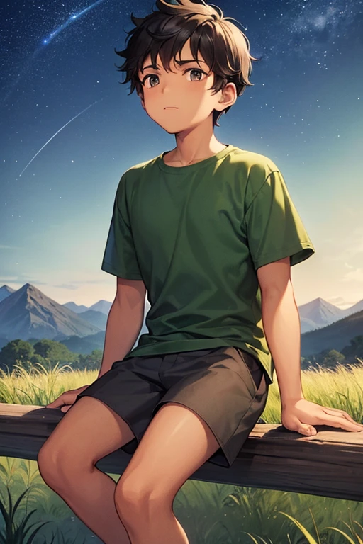 A young brown-skinned boy looks up at the night stars. He has short black hair and wears a green shirt and grey shorts. The background is grass with mountains behind him, with the stars shining, at nighttime. It is nighttime, and the boy is brown-skinned with a plain lime-green shirt with grey shorts.
