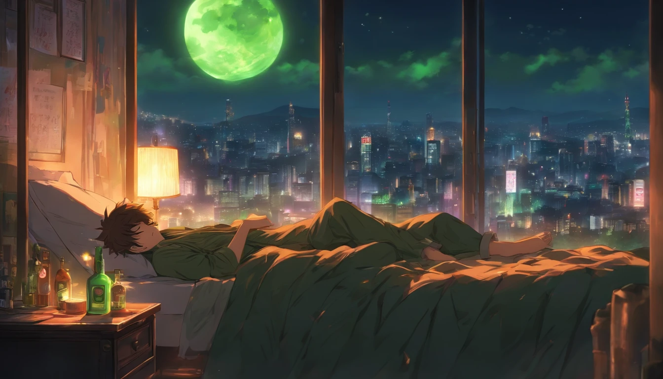 Dark bedroom, night time, city view outside window, dim light from moon and city. Man laying in bed relaxing, brown hair, green eyes. Liquor bottle on night stand