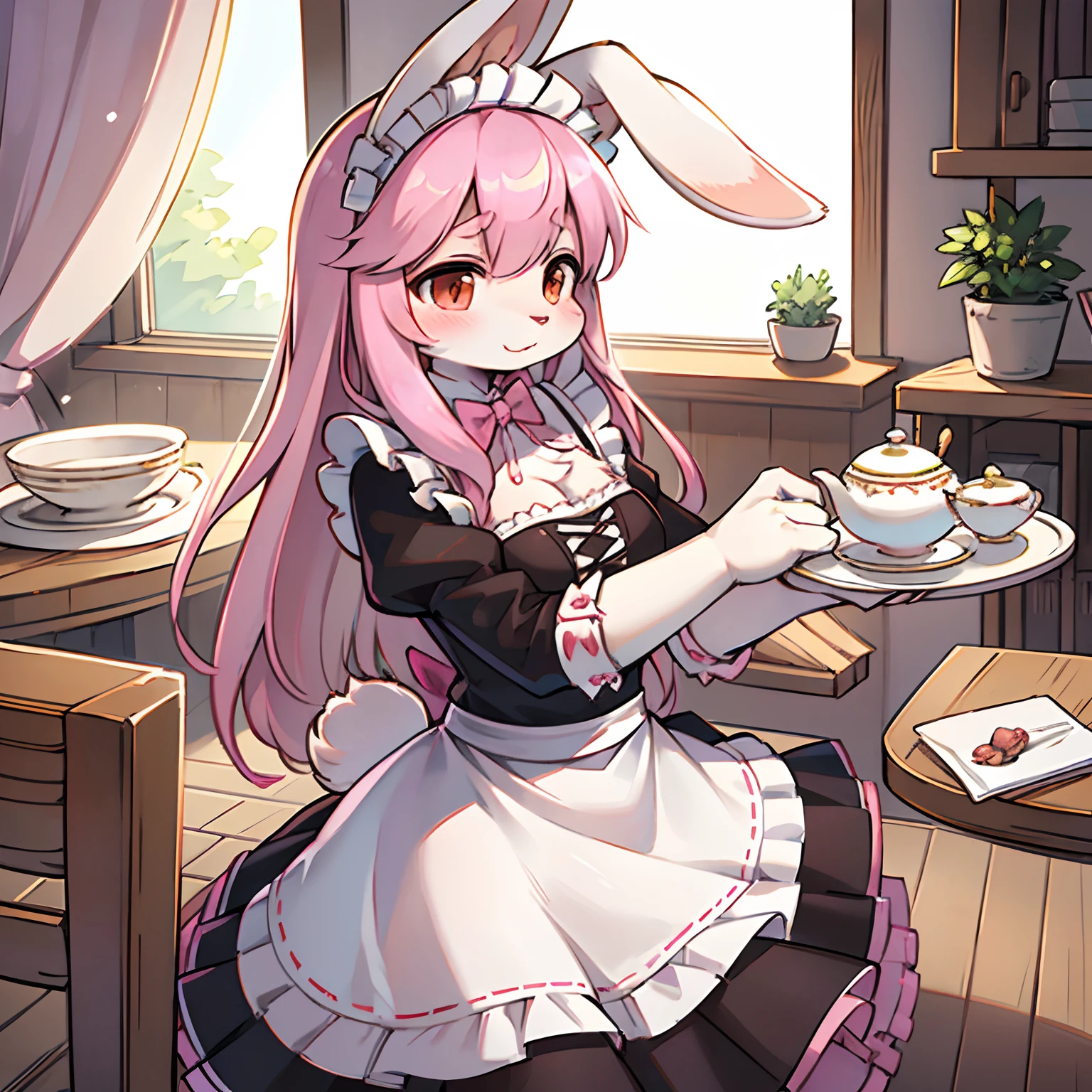 Furry, furry woman, solo, full body, rabbit Varieties Holland Lop, Circular rabbit tail, pink rabbit tail, pink rabbit ears, long hair, pink long hair, Dressed in a maid outfit, black maid outfit, detailed, bow on neck white bow, holding equipment for serving tea, Inside the house, present era