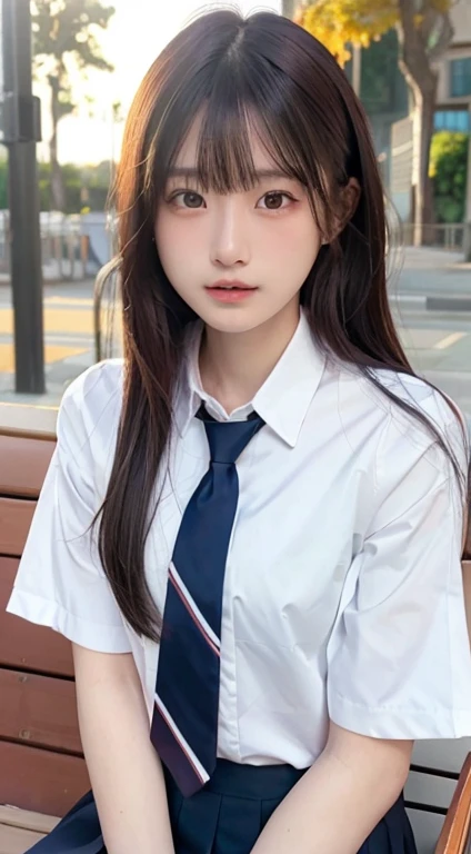 (masterpiece, best quality:1.2), 8k, 15yo, 85mm, official art, raw photo, absurdres, white dress shirt, pretty face, close up, upper body, violaceaess, gardeniass, beautiful girl, school uniform, (navy pleated skirt:1.1), cinch waist, thighs, short sleeve, in train, sitting on bench seat, looking at viewer, no makeup, (smile:0.4), film grain, chromatic aberration, sharp focus, facelight, clear lighting, teen, detailed face, bokeh background, (dark red necktie:1.1)