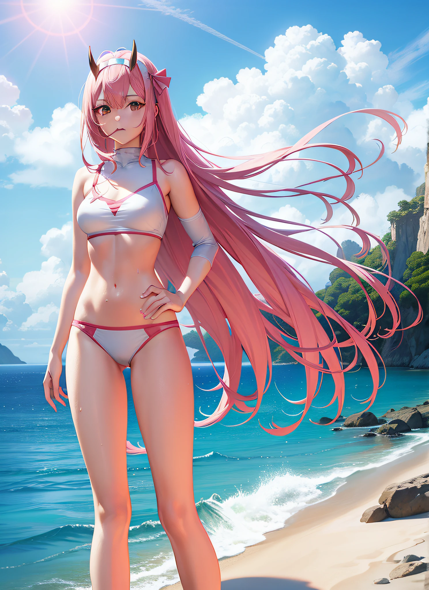 Create a female character, Like Zero Two, Dell's Anime Franks' Darling, Pink-haired person, Horned hair ribbons, swim wears, wet, Water in the body, Beach in the background, She eats ice cream, glowing sun, Reflection of the sea, 4K, the detailed images, good quality, Many details.
