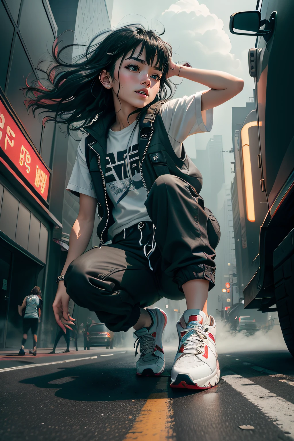 Dance、Artistic jump、break dance、Strenuous movements、vibrancy、Cyberpunk Style、Blade Runner vibe、Steam flows from exhaust outlets on the road surface、The road surface is wet、独奏、Fluttering hair、Cute Turtle、Beautuful Women、a small face、white skinned、hason、young 17 yght smile、half-open mouth、White teeth are visible、(Gradient of black-red hair、Long messy hair)、(cargo pants、vests、White sneakers)、(delicate detailed fingers、Detailed body、detailed arms、human hand)、(Detailed face) 、(8K、top-quality: 1.4、tmasterpiece、 hyper HD、 Top resolution,、The is very detailed、 profesional lighting、 Gray light illumination、low angle from below、Blow steam into the landscape、Fog in the landscape、Foggy、
