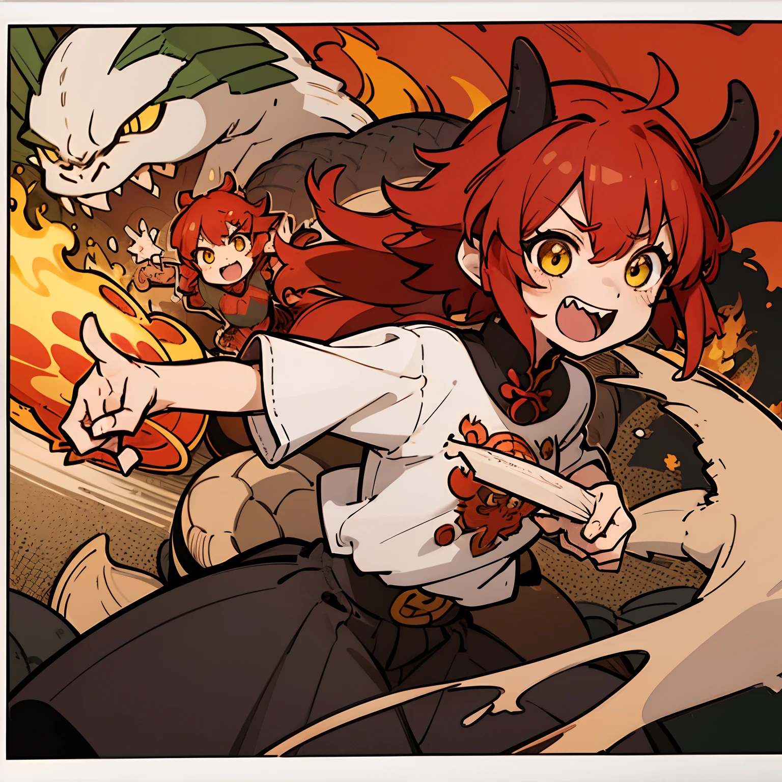 1girl, dragon female character, dragon horns, dragon tail, red hair, rawr, making fun of viewers, joking, trying to scare you, comic scene, comic sans, yellow eyes, cute fire, masterpiece, pop, illustration, happy, savage, cool, messy haircut, high quality, professional artwork, oversized shirt, funny background