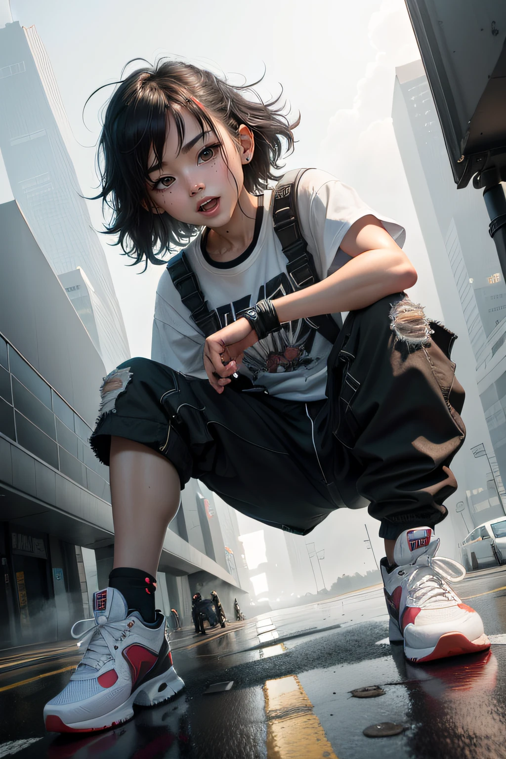 Dance、Artistic jump、break dance、Strenuous movements、vibrancy、Cyberpunk Style、Blade Runner vibe、Steam flows from exhaust outlets on the road surface、The road surface is wet、独奏、Fluttering hair、Cute Baby Turtle、Beautuful Women、a small face、white skinned、hason、young 17 years old、Bright smile、half-open mouth、White teeth are visible、(Gradient of black-red hair、Long messy hair)、(cargo pants、vests、White sneakers)、(delicate detailed fingers、Detailed body、detailed arms、human hand)、(Detailed face) 、(8K、top-quality: 1.4、tmasterpiece、 hyper HD、 Top resolution,、The is very detailed、 profesional lighting、 Gray light illumination、low angle from below、Blow steam into the landscape、Fog in the landscape、Foggy、