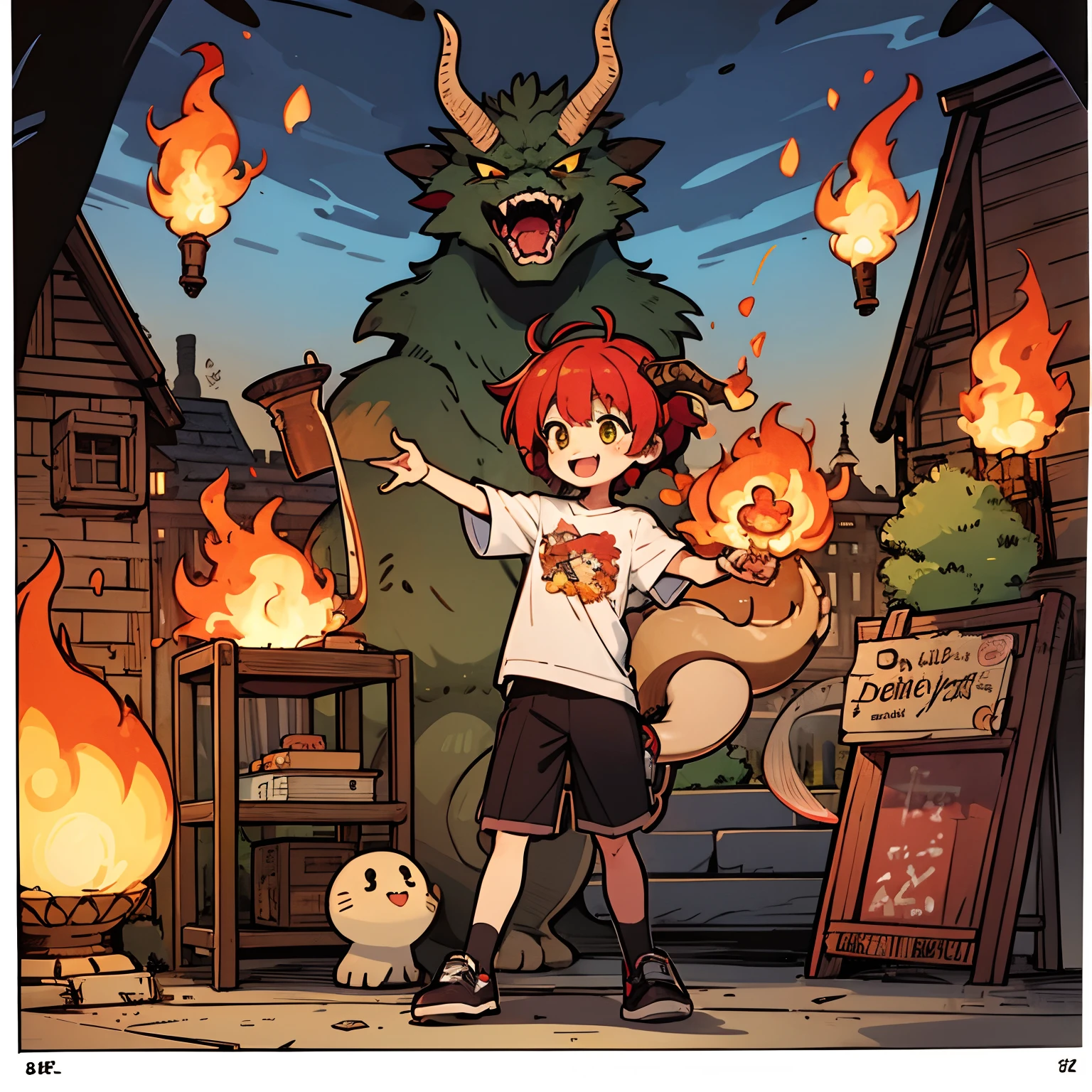 1girl, dragon female character, dragon horns, dragon tail, red hair, rawr, making fun of viewers, joking, trying to scare you, ultra comical, comic scene, trublemaker, comic sans, yellow eyes, cute fire, masterpiece, pop, illustration, happy, savage, cool, messy haircut, high quality, professional artwork, oversized shirt, funny background, toon