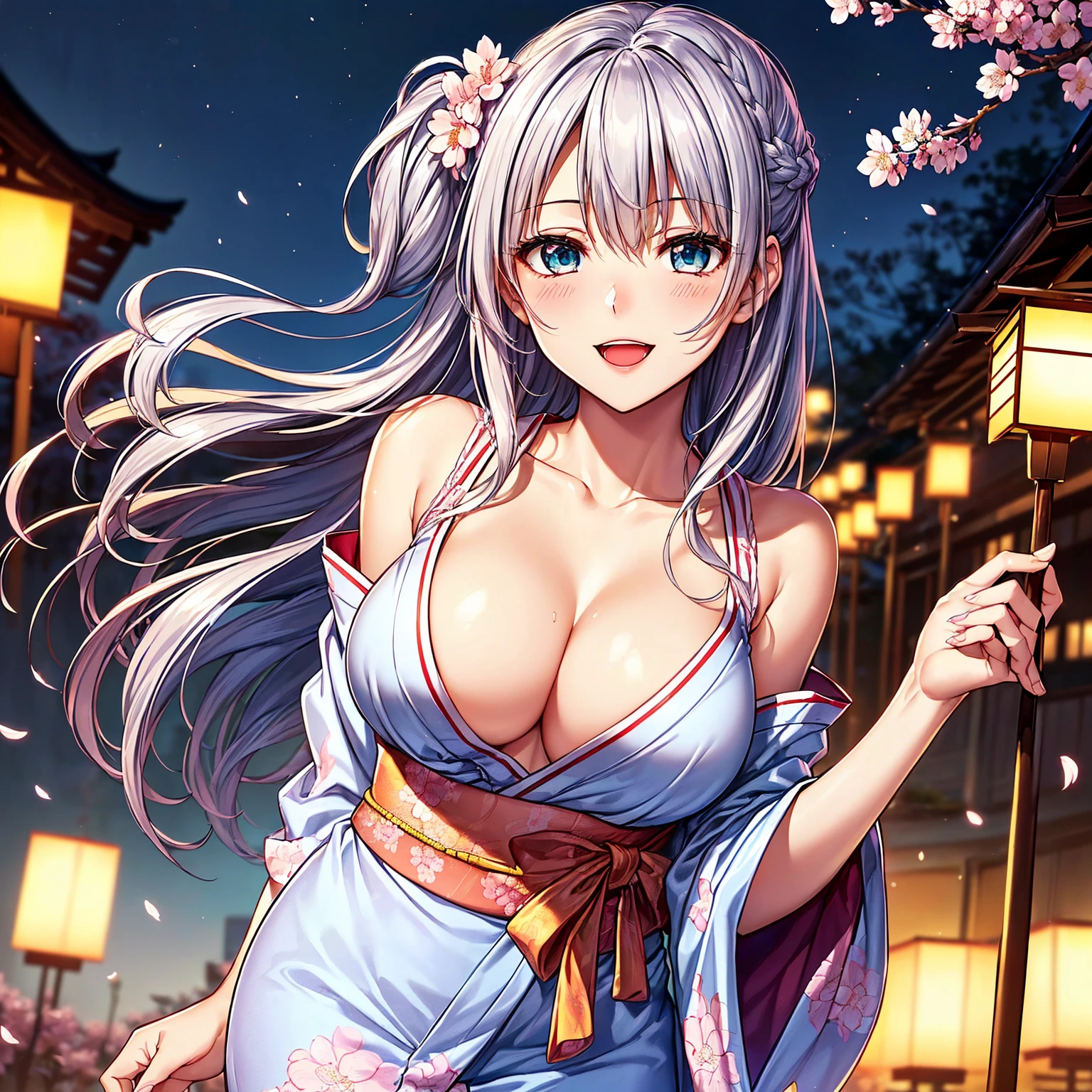 (top-quality、​masterpiece、very high res、An ultra-high picture quality、High quality pixels)、(She is a mysterious and bewitching woman, And she is 18 years old,1 person,Single,独奏:1.5)、(She is a very beautiful woman with a beautiful face)、(Beautiful face written in detail,Beautiful body,Strong-willed eyes,Beautiful eyes,Beautiful silver hair,Beautiful skin texture)、(Beautiful hair quality,Variety of hairstyles)、(She has a slender figure and her breasts are D cups)、(lovely smile,Smile, Open mouth,),(Wearing a Japan kimono,Colorful Japan kimono,shoulders are exposed),(Rows of cherry blossom trees at night,Night cherry blossoms in full bloom,Lanterns light),(modelshoot,Magazine shooting,Hair flutters under the influence of the wind),The wind is blowing、Beautiful Art Style, an animated character、(The whole picture、Detailed picture、accurate anatomy、Defect-free images、extremely detailed picture、Accurate images、Perfect Image 1.5)、(Best Shot Photo 1.2)