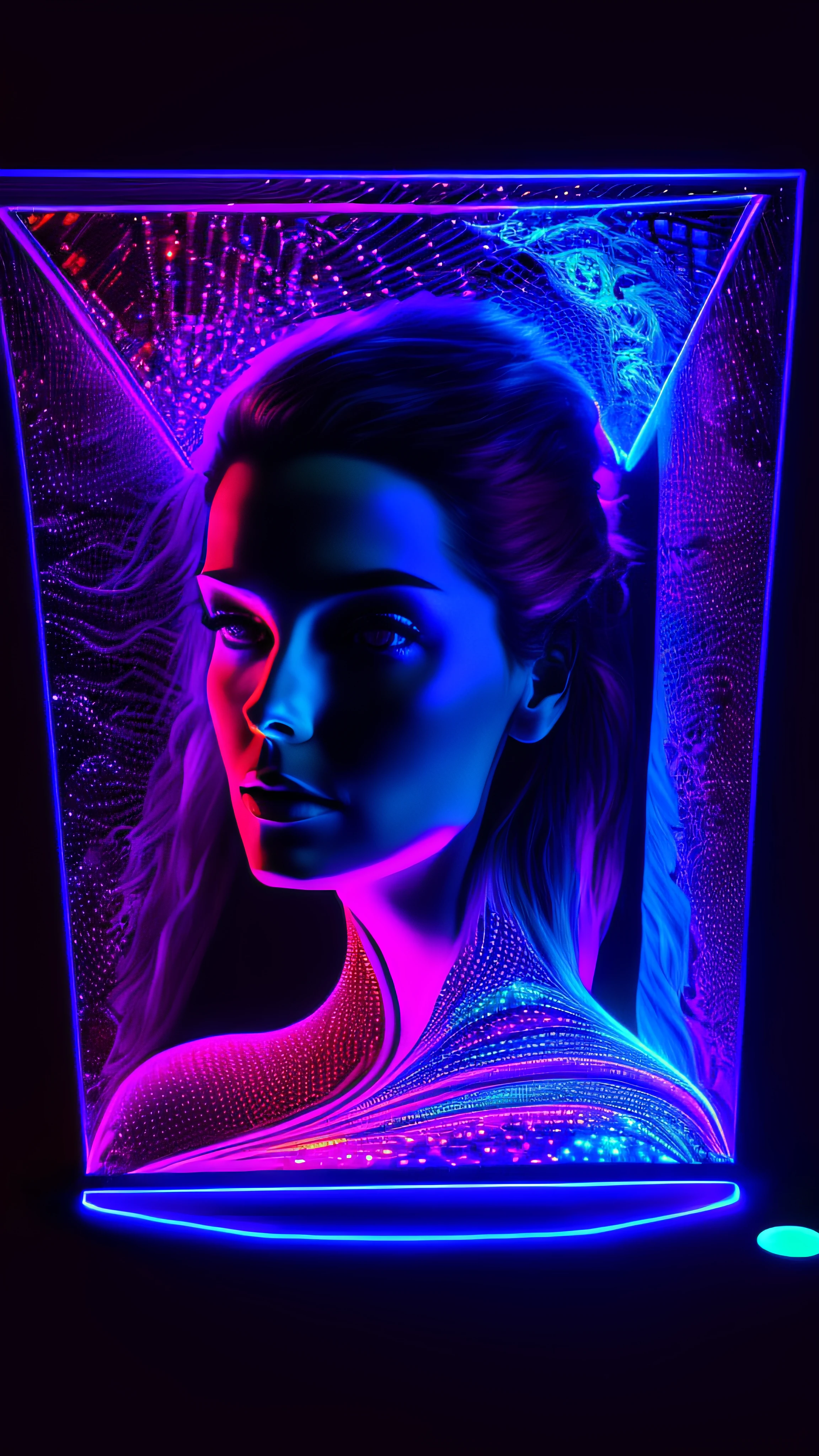 a picture of a (3DMM picture of a woman, (3 d depth of field: 1.4)) in a 3 d picture frame, 3DMM frame of lights, illusion of disappearing to infinity, RGB led point lights disappear inward from edge, infinity mirror, 3 d neon art of a womens body, psychedelic photoluminescent, vivid!!, psychedelic lighting, psychedelic black light, by Jon Coffelt, lsd visuals, neon version of style jim burns, ledspace, skin made of led point lights, RGB led effects