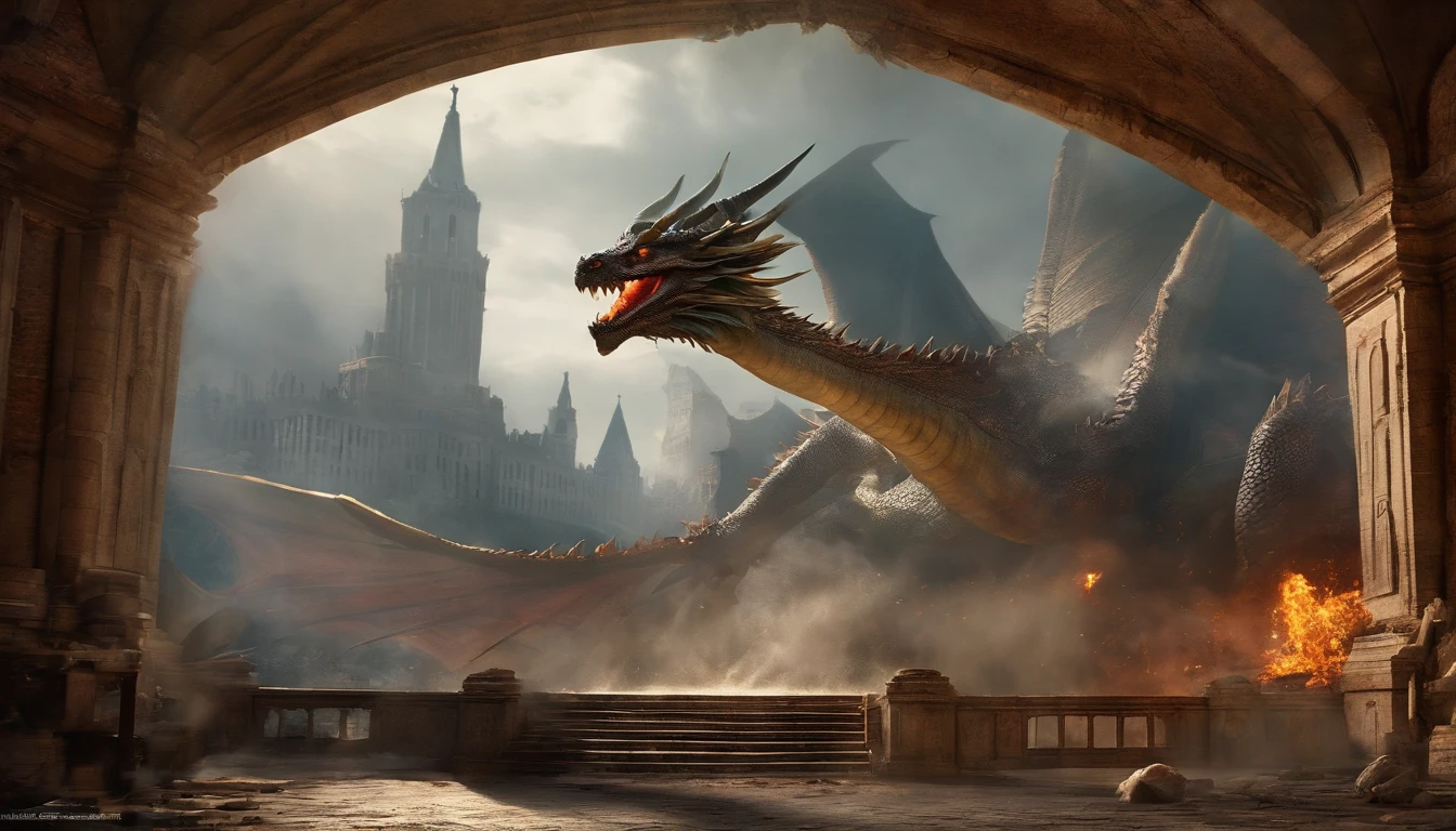 The dragon falls in a city destroyed by war
