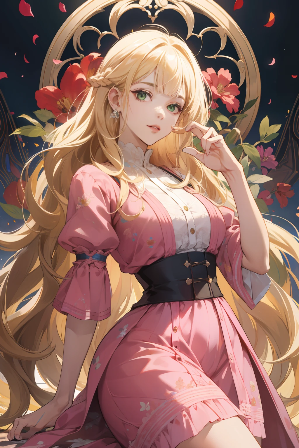 (absurdres, highres, ultra detailed), 1girl, mature female, wavy blonde hair, long hair, blunt bangs, green eyes, pink dress, finely detailed eyes and detailed face, extremely detailed CG unity 8k wallpaper, intricate details, BREAK , kaleidoscopic imagery, symmetrical patterns, vibrant colors, geometric shapes, mesmerizing designs, optical illusions, dynamic composition BREAK , pantomime art, expressive body language, silent storytelling, evocative gestures, visual narratives, theatrical performances BREAK , blooming flowers, colorful petals, fragrant scents, nature's bounty, vibrant gardens, peaceful scenery