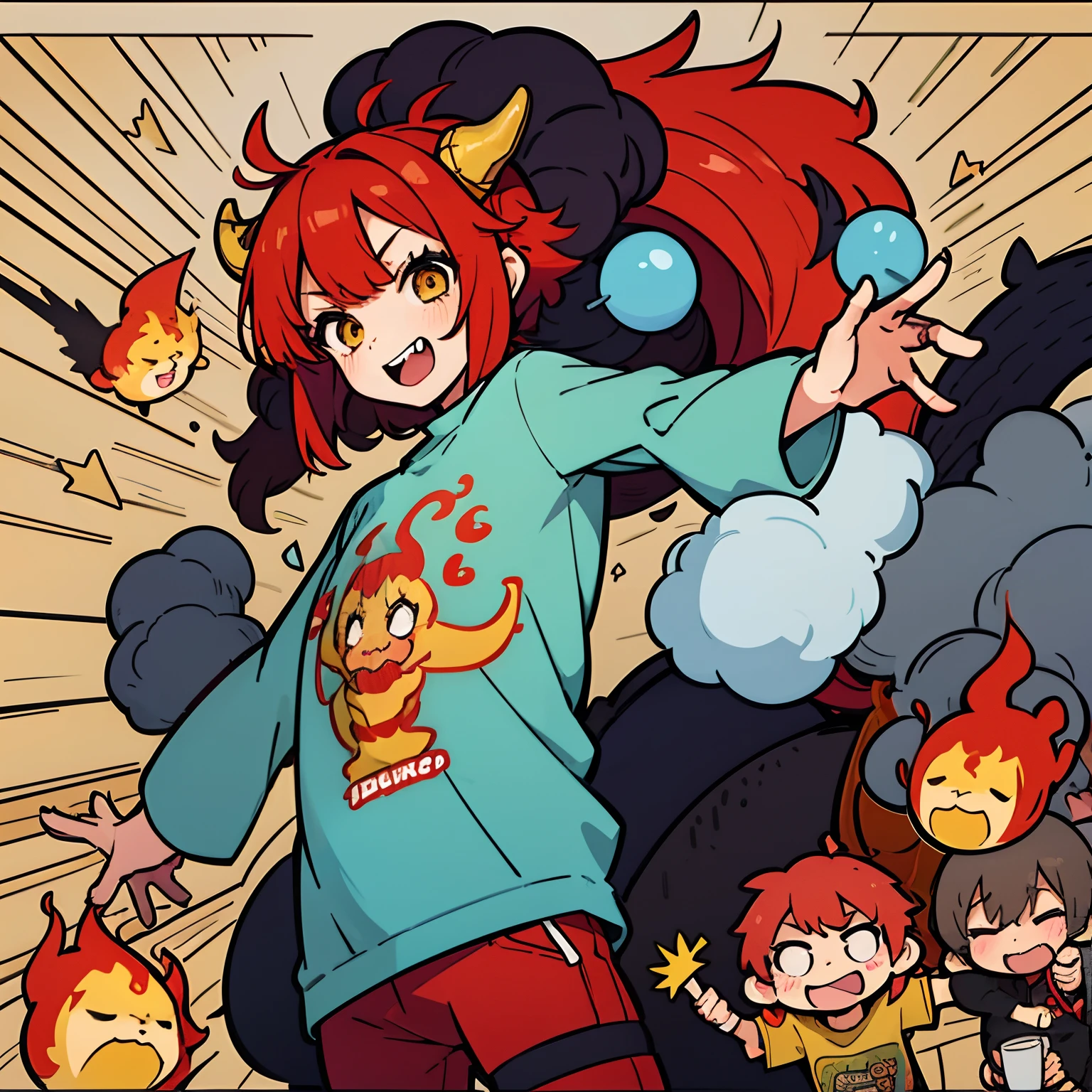 1girl, dragon female character, dragon horns, dragon tail, red hair, rawr, making fun of viewers, joking, trying to scare you, comic scene, comic sans, yellow eyes, cute fire, masterpiece, pop, illustration, happy, savage, cool, messy haircut, high quality, professional artwork, oversized shirt, funny background