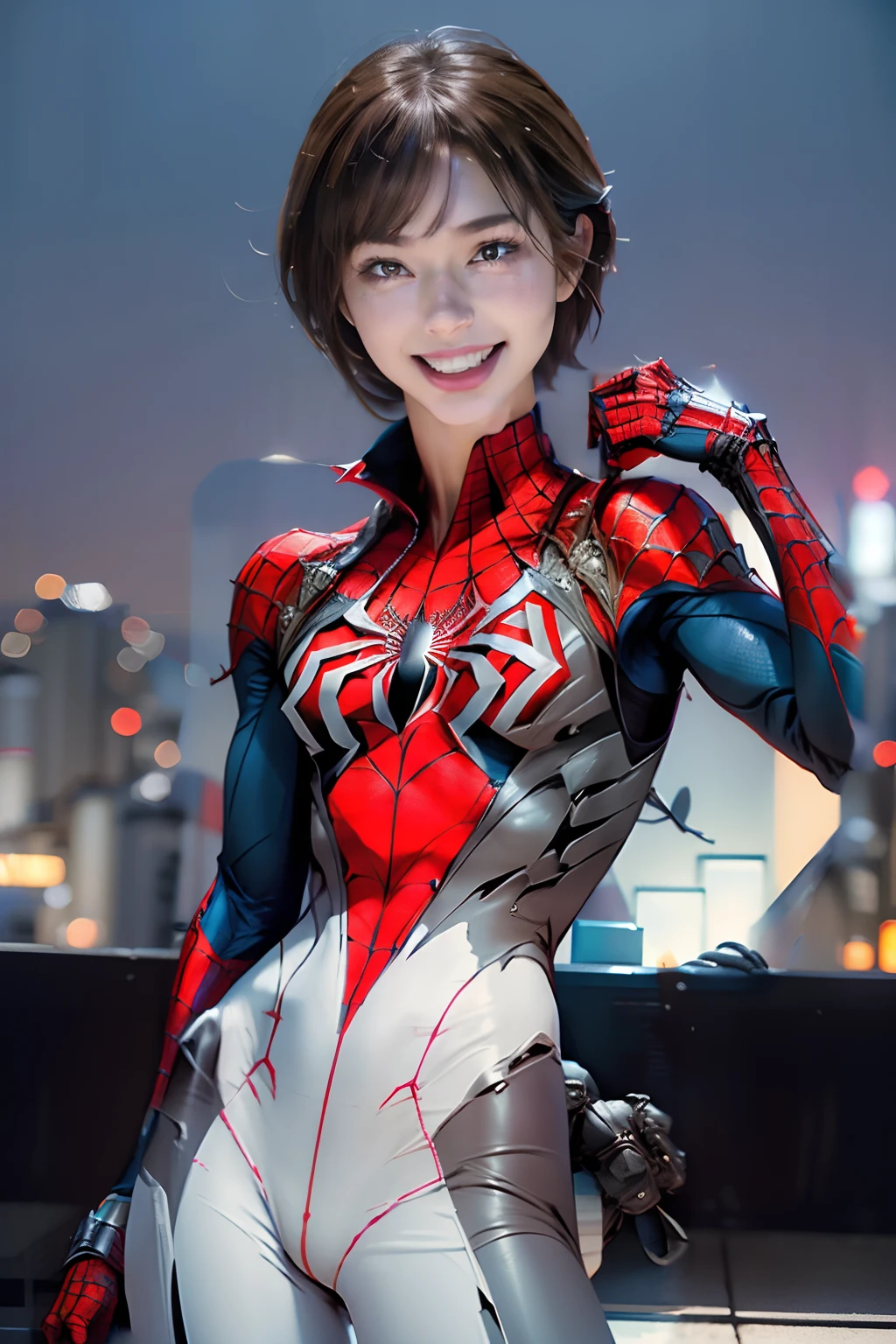 Spider-Bitch:1.1, Spider girl:1.2, spiderman cosplay:1.3, perfect hand:1.4:,  Bust with tension, Body-fitting Spider-Man bodysuit,