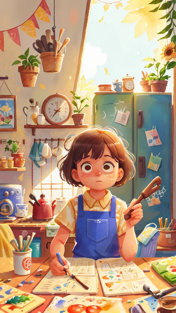 Watercolour. the kitchen, sunny, perfect quality, (mess-house: 0.8), (masterpiece: 1.2) (Realistic: 1.2) (Bokeh) (Best quality) (Intricate details) (8K) (Detail eyes) (Sharp focus),