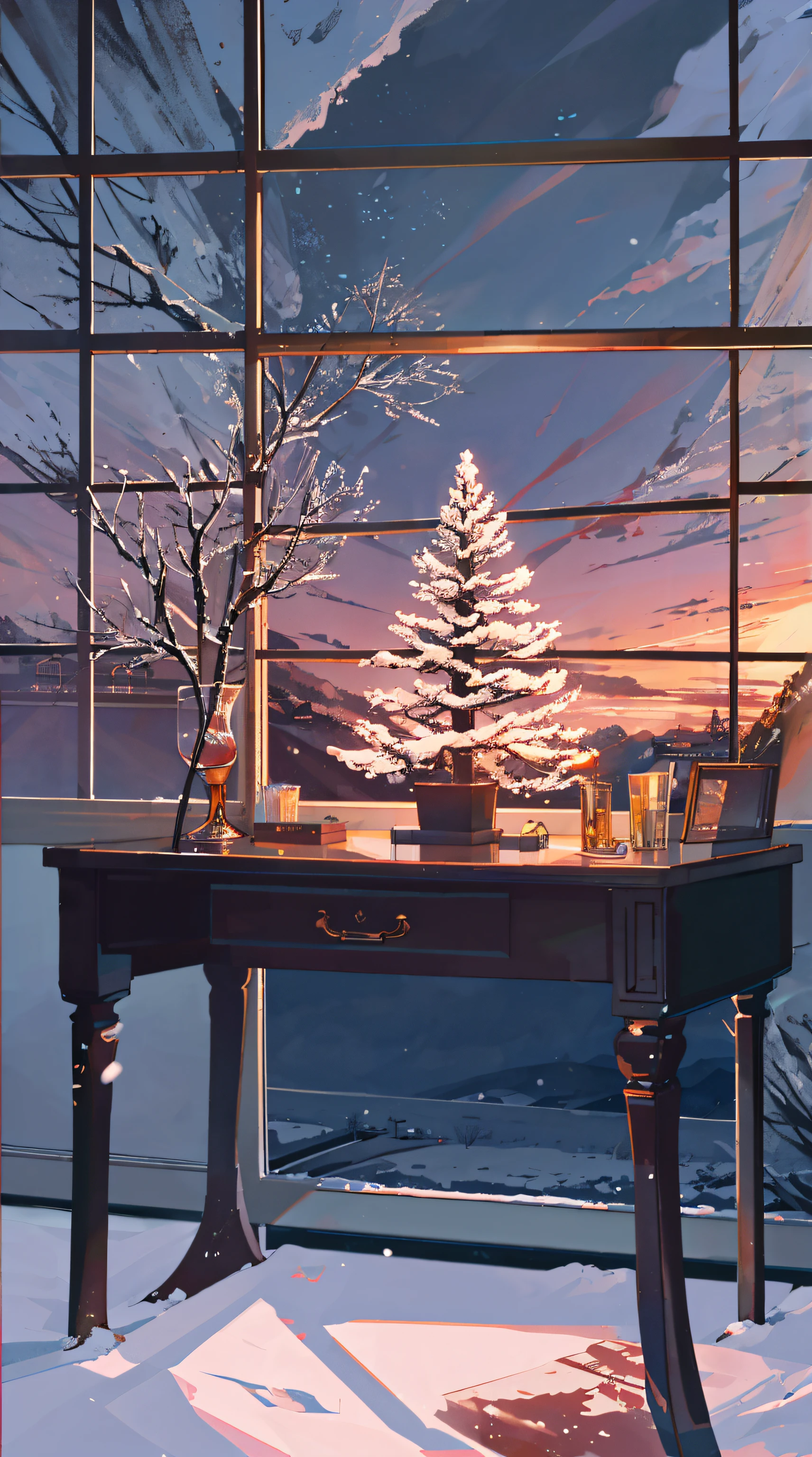 cocktailworld, no humans, scenery, night scenery, sky, cloud, blurry background, snowing outside
masterpiece, best quality, ultra detail, computer desk next to window, tree outside window, fireplace near window