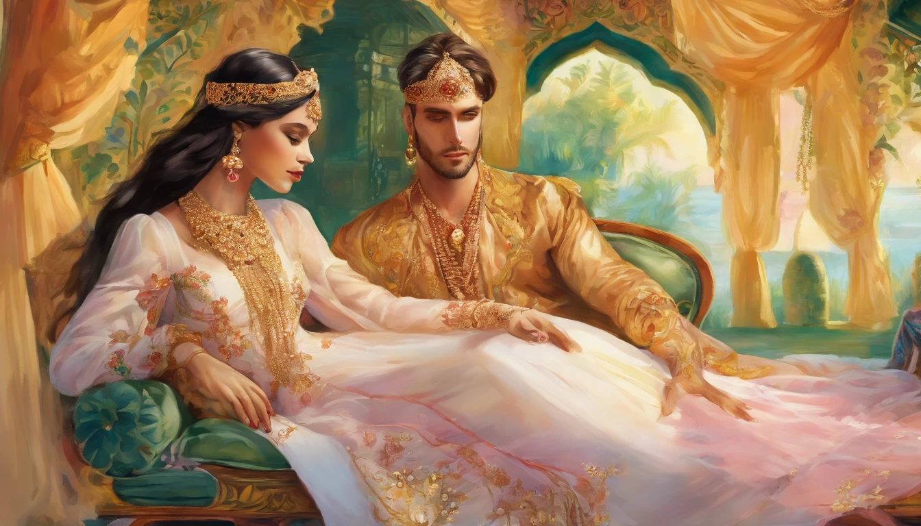 watercolour of (two young, beautiful, female Arabian courtesans::5), dressed in sheer gowns with jewellery, caress (a young, handsome, tattooed, Arab man::4), dressed in fashionable, exquisite, embroidered silks with lots of jewellery, they recline in shade of an ornate tent next to an green oasis, outside the tent stands his audience, style of luminism, clear facial features, (best quality,4k,8k,highres,masterpiece:1.2),ultra-detailed,(realistic,photorealistic,photo-realistic:1.37), golden highlights, --seed 888 --v 5.2 --ar 16:9