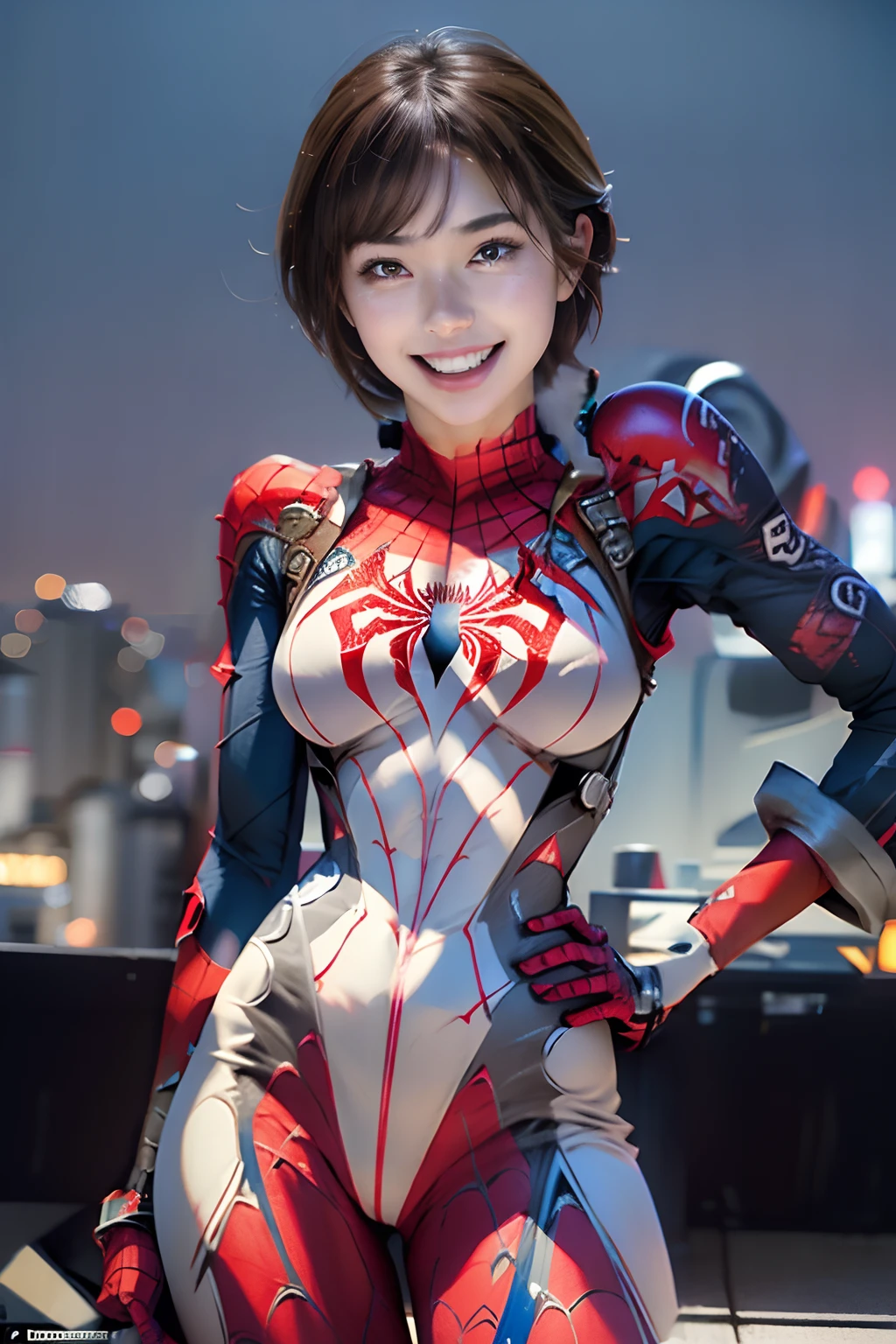 1girl, night, cityscape, city lights, upper body, close up, 8k, raw photos, best quality, masterpiece, realistic, photo realistic, spider-man suit, huge, thick thighs, asian face, short hair, brunette hair