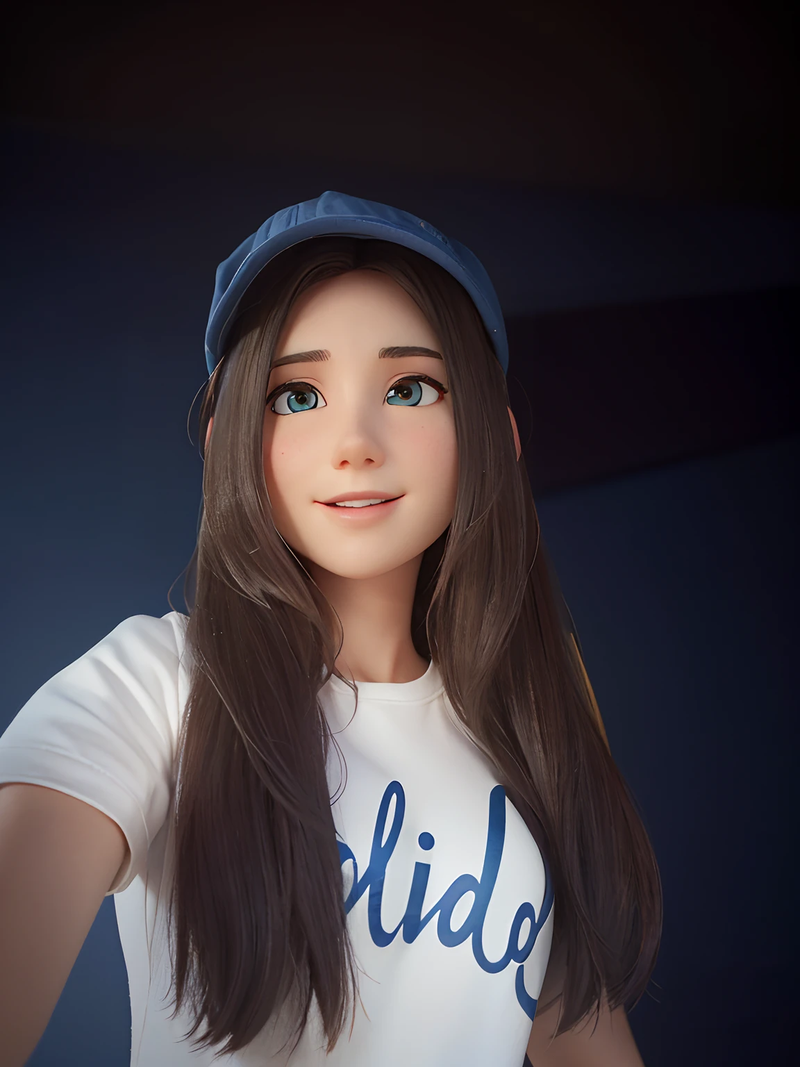 A young woman wearing a white shirt and a blue hat. She's standing in front of a blue background, possivelmente uma cortina, e parece estar posando para uma foto. The woman for a long time, Dark hair that falls down her back and smiles at the camera. The overall atmosphere of the scene is casual and relaxed, With woman enjoying time in front of blue scenery. Generate this image in Pixar's 3D animation style
