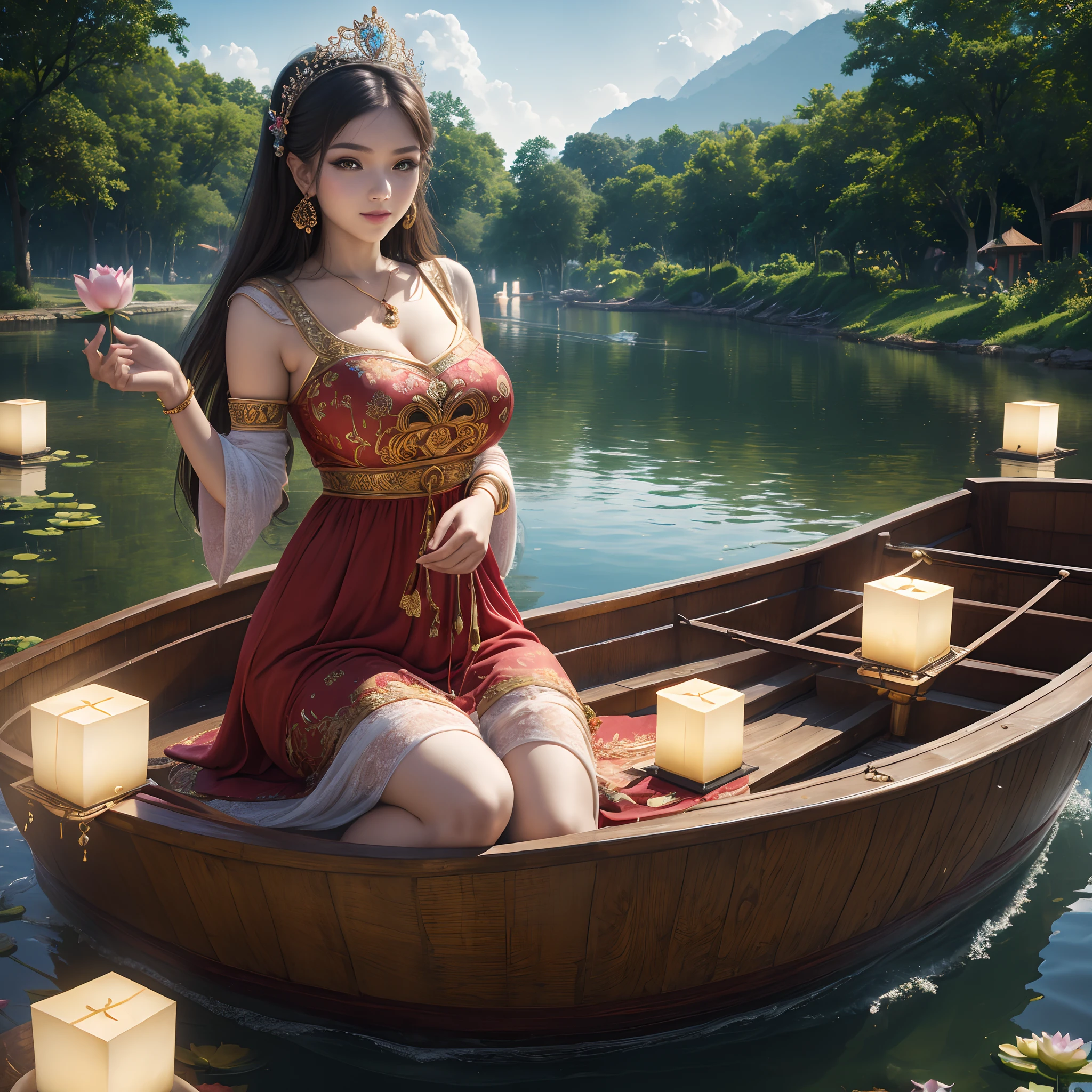 (masterpiece:1.3), (best quality:1.2), (intricate detailed:1.2), (hyperrealistic:1.2), (professional photograpy:1.1), highly detailed, illustration, absurd res, perspective, detailed background, background blur, focus, 8K, HDR, Raw photo, photography, best quality, masterpiece, high-res, (absurdres:1.2), Kodak Portra 400, film grain, blurry background, boken:1.2, lens flare, (vibrant color:1.2), depth of field, A woman wearing a beautiful Thai dress and a crown holding a lotus-shaped lantern sitting in a boat in the middle of a large river with candles and lanterns on the banks, lotus flowers in the water, hanging bells, floating lanterns in the sky, bright lights, a full moon with clouds, and the background of the ancient city of Sukhothai