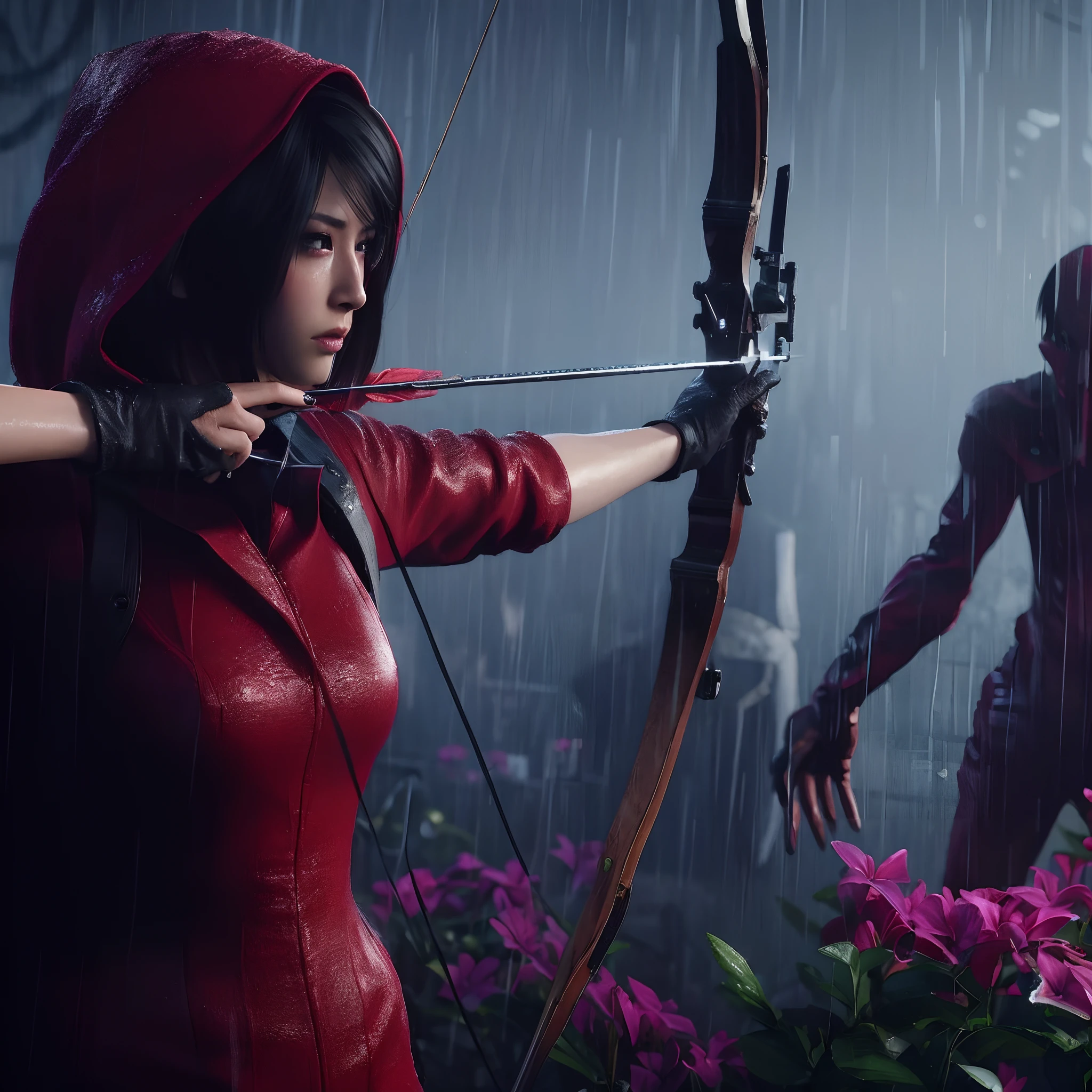 Ada wong, beautiful face, bob hair, perfect Face, wearing mini red dress hoody, wearing hoody, black nail polish, Aiming expression, glare