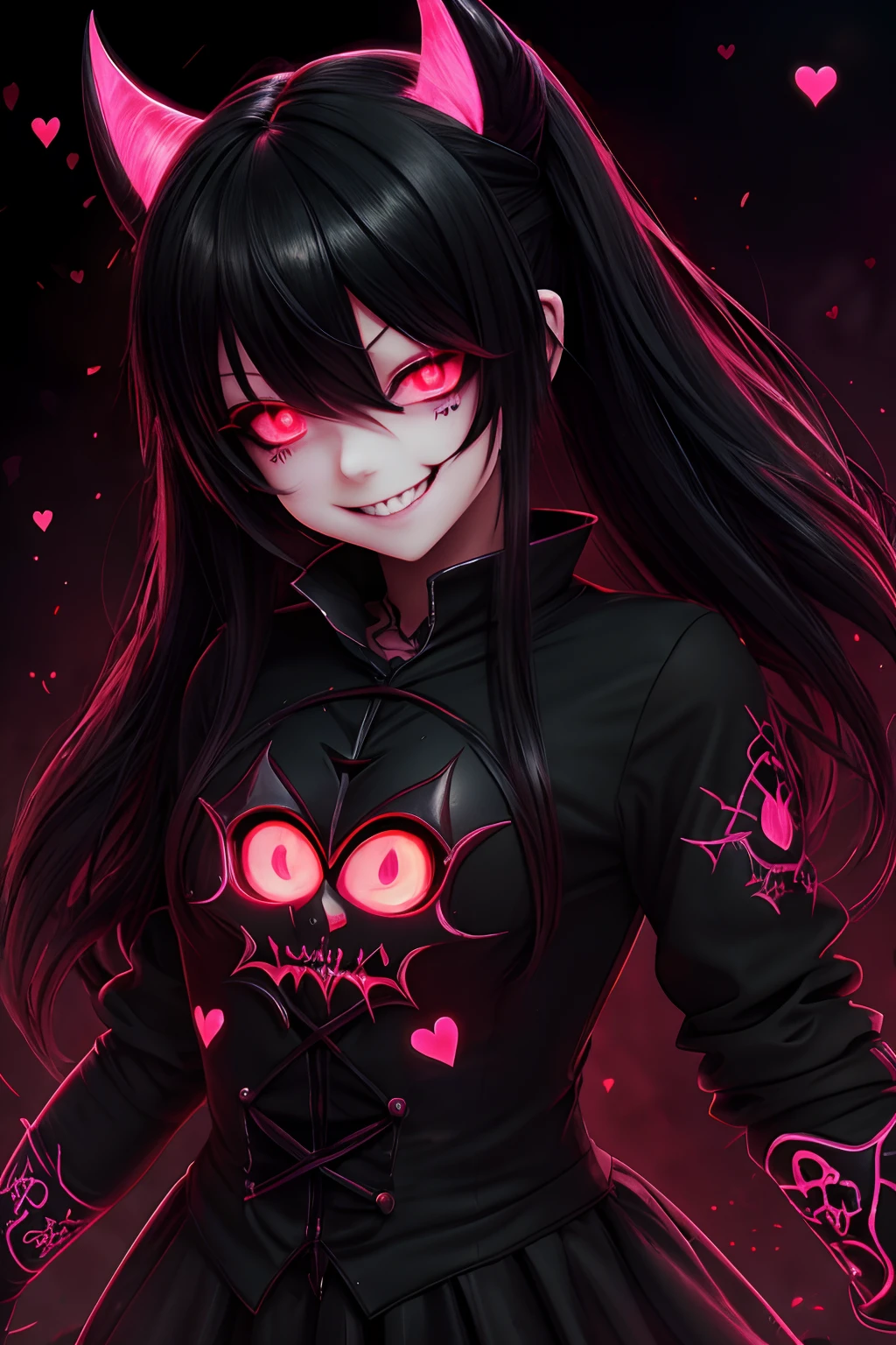 anime girl with black hair and pink eyes with a pink heart, [[[[grinning evily]]]], nightcore, malevolent smile, wicked smile, evil smile and glowing eyes, emo anime girl, 1 7 - year - old anime goth girl, gapmoe yandere grimdark, insane smile, grinning lasciviously