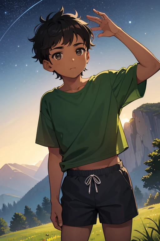 A young brown-skinned boy looks up at the night stars. He has short black hair and wears a green shirt and grey shorts. The background is grass with mountains behind him, with the stars shining, at nighttime. It is nighttime, and the boy is brown-skinned with a plain lime-green shirt with grey shorts.
