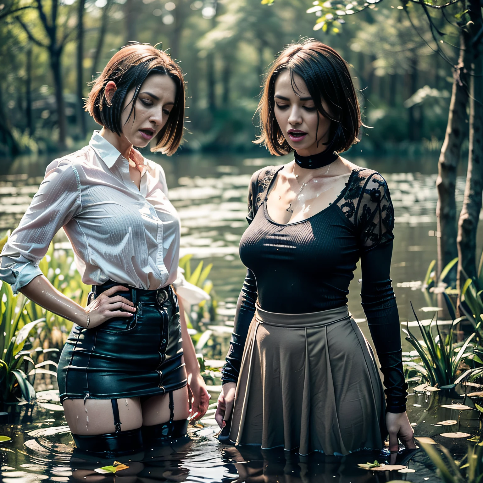 The Realism of Photography,2women,(Dry hump:1.09),Expressive wrinkles, Long bob haircut,jeans skirt,blouse,(dark lace stockings with garters), (drowning in a swamp:1.25),expression of despair,Dark and moody lighting. In gloomy ecstasy,soaking wet