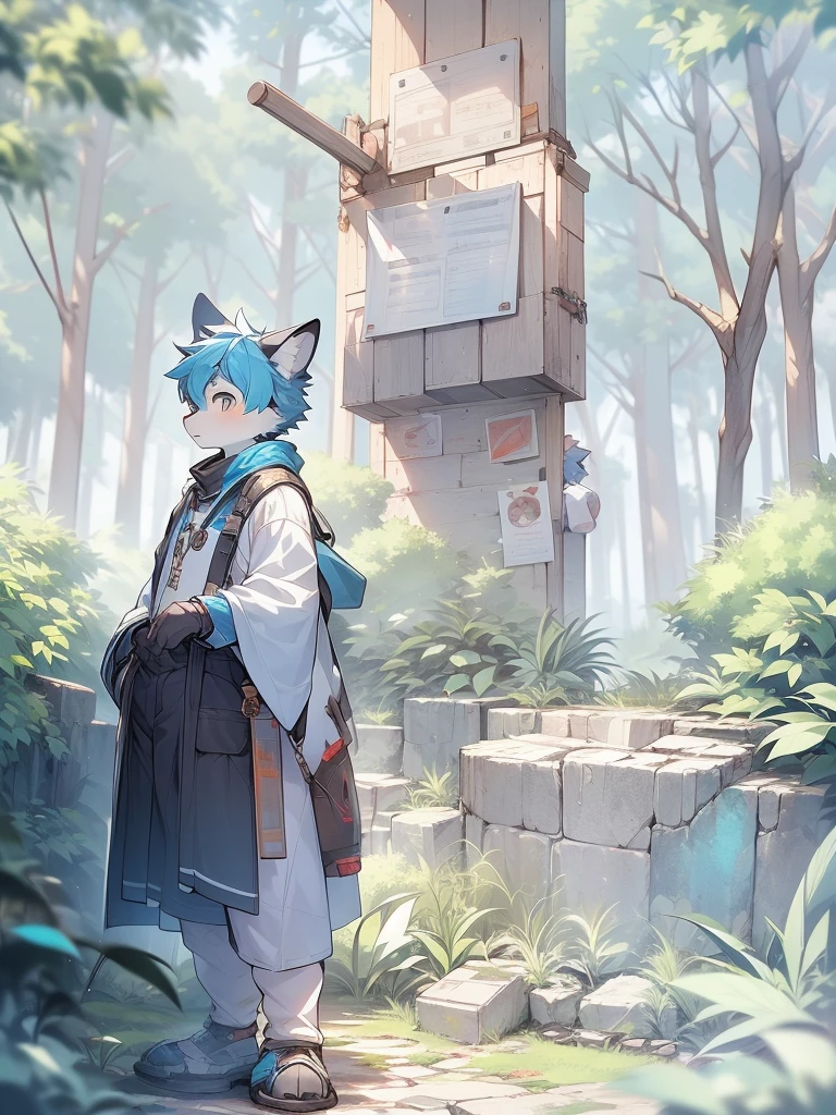 Libido boy,furry wolf,((Shota)), Blue hair hair, Very good figure, Handsome,adolable, Light:Extreme light and shadow, Reflective skin,Reddish skin,((worn-out clothing,Commoner)) ,((Deep in the forest,Stone path,Signs,独奏,solo person)),Outdoor sunset,((the detail)),(depth of fields),standing on your feet