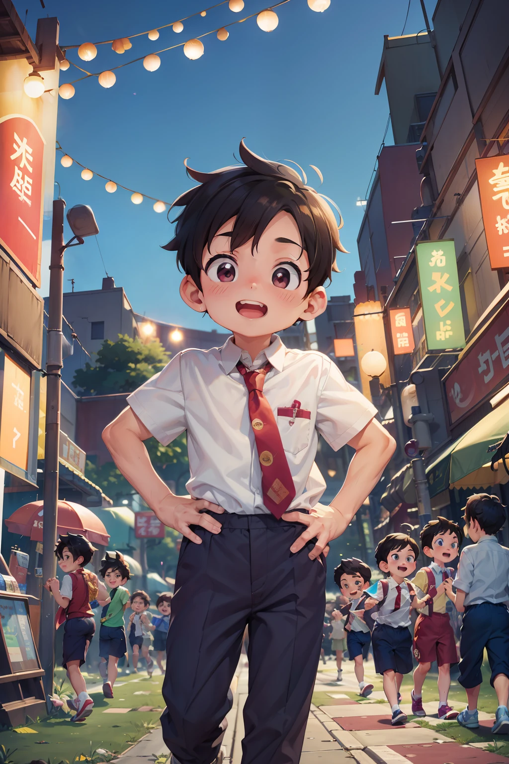 1boy, shirt and tie, long pants, Tokyo street, noite, paisagem urbana, luzes da cidade, parte superior do corpo, close-up, 8k, foto RAW, melhor qualidade, obra-prima, realista, foto-realista, Anime Child v1