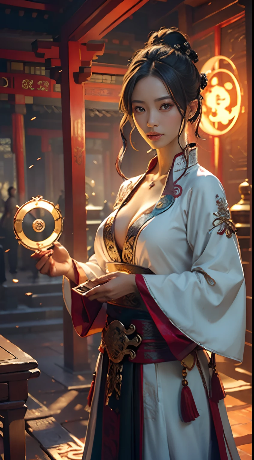Best quality,masterpiece,ultra high res,(photorealistic:1.4),xiuxian,weapon,Detailed face,
1girl,solo,weapon,cleavage,(magic circle:1.2),xiuxian,upper body,Beautiful girl,full body,east asian architecture,sheath,architecture,