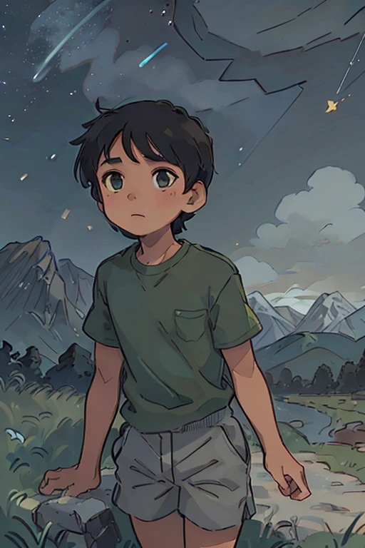 A young brown-skinned boy looks up at the night stars. He has short black hair and wears a green shirt and grey shorts. The background is grass with mountains behind him, with the stars shining, at nighttime. It is nighttime, and the boy is brown-skinned with a plain lime-green shirt with grey shorts.