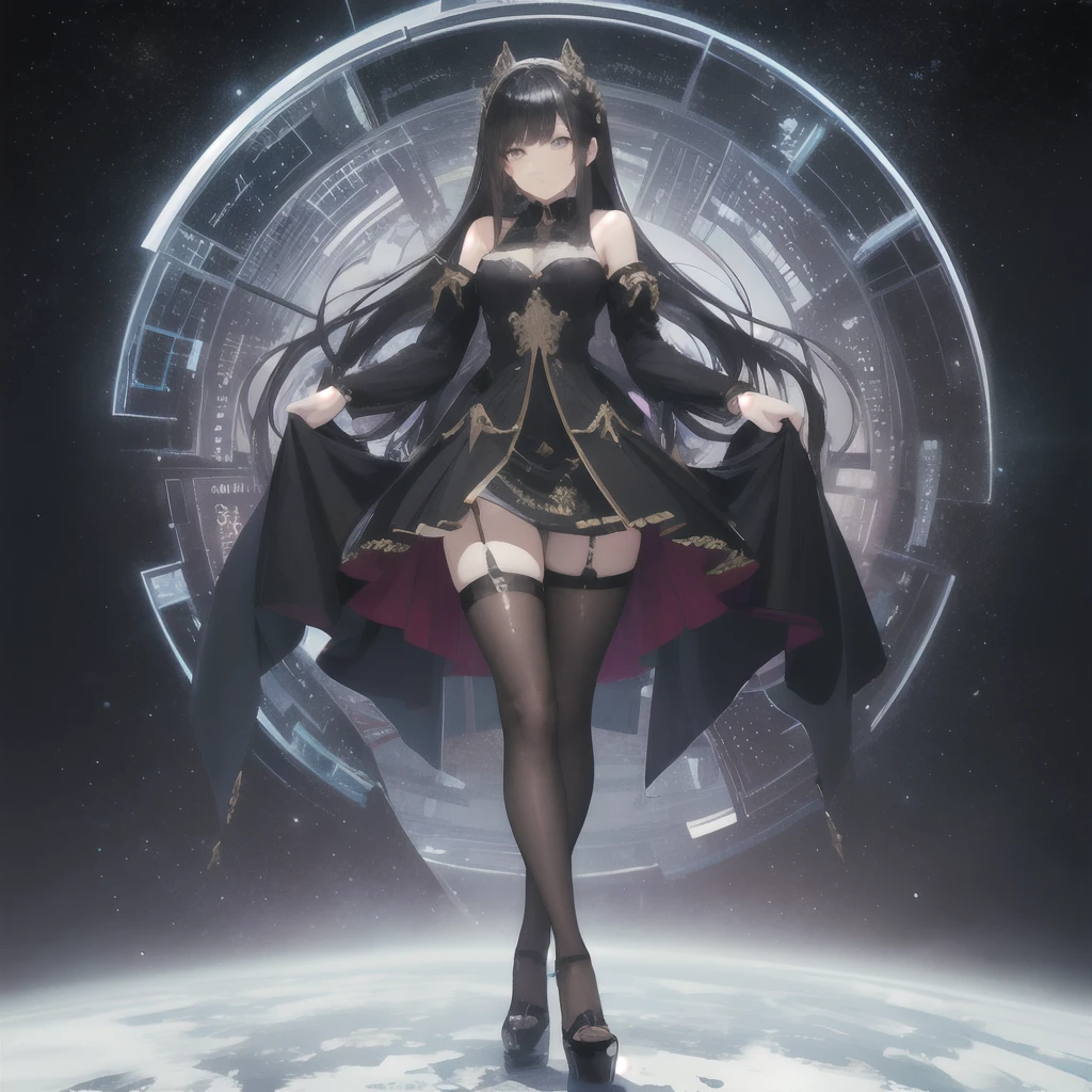 (tmasterpiece,top Quority,best qualtiy,offcial art,Beauty and aesthetics:1.2),Extremely detailed,(s fractal art:1.3),Extremely colorful,Most detailed,1girll,full bodyesbian,1girll,are standing,Long black hair,Starry Sky Eyes,Black dress,high-heels,(black pantyhoses),