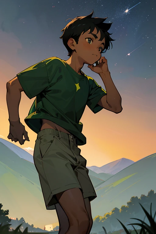 A young brown-skinned boy looks up at the night stars. He has short black hair and wears a green shirt and grey shorts. The background is grass with mountains behind him, with the stars shining, at nighttime. It is nighttime, and the boy is brown-skinned with a plain lime-green shirt with grey shorts.