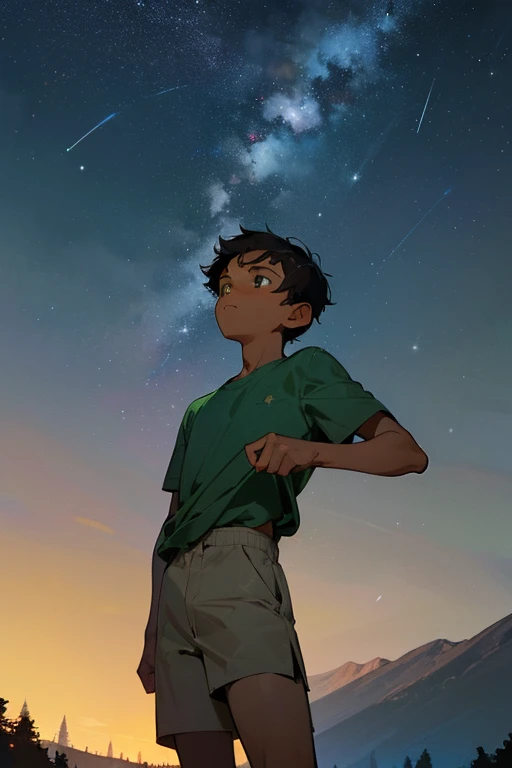 A young brown-skinned boy looks up at the night stars. He has short black hair and wears a green shirt and grey shorts. The background is grass with mountains behind him, with the stars shining, at nighttime. It is nighttime, and the boy is brown-skinned with a plain lime-green shirt with grey shorts.