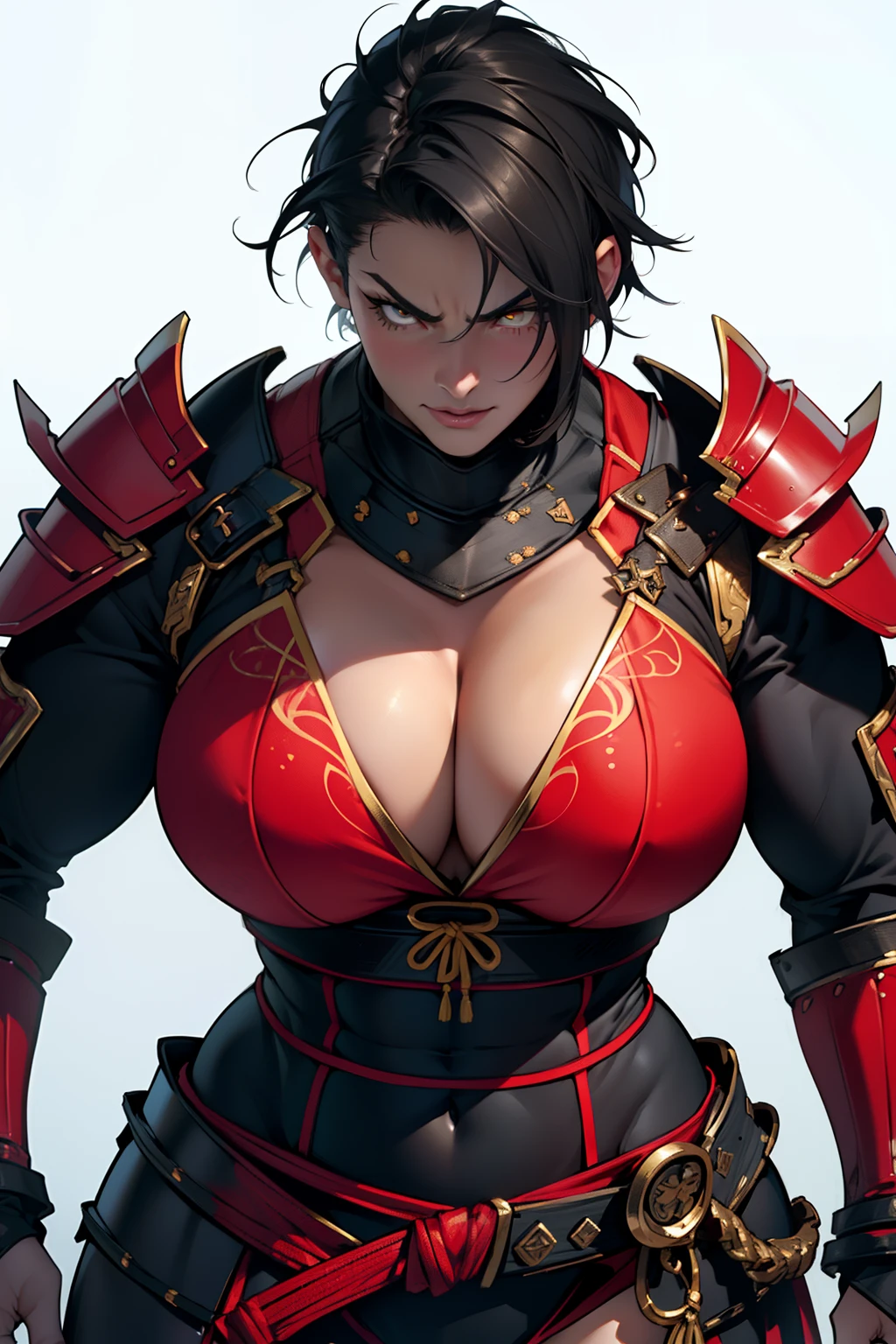 (High resolution, Pixels are perfect, luxurious illustration), (hyper quality, masutepiece, Ethereal: 1.4),(Solo:1.4), Black hair, ((((Very short hair)))), ((spiked hair)), Yellow eyes, (angry), pale skin, (((((((muscular))))))), ((thick thighs)), ((Huge breasts)), (((((((Woman))))))), ((((A MILF)))), Samurai, (Japanese armor)), (((Red armor))), (Black Leotard), (((wide hips))), ((greybackground)), (Shiny skin), ((Overexposure)),