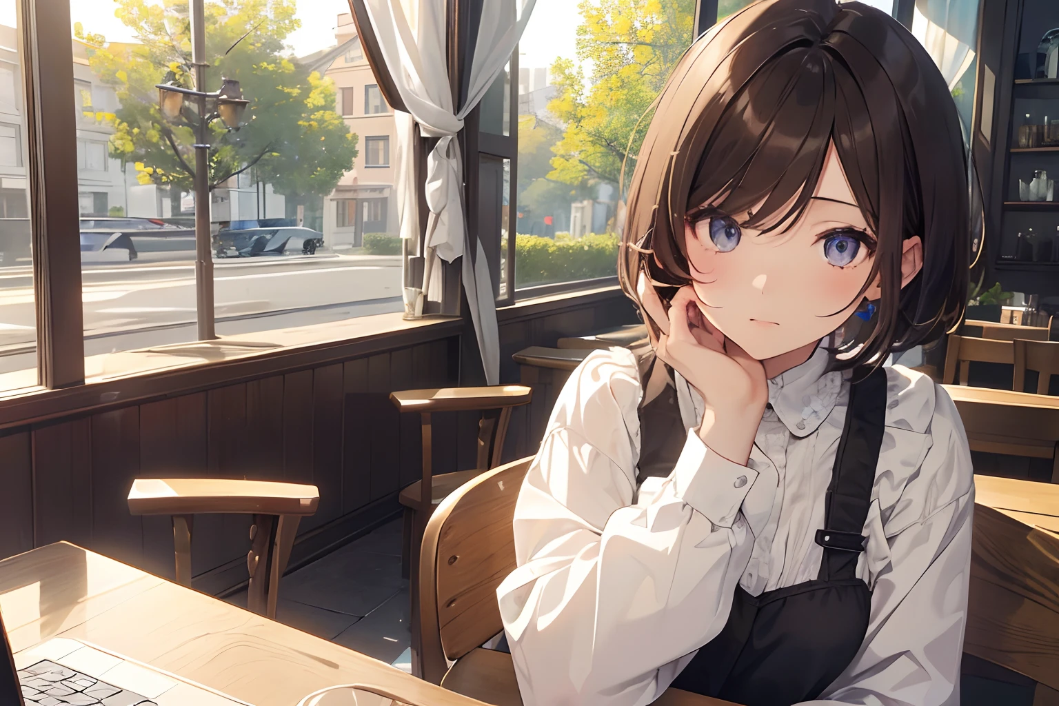 (1girl in),(beautiful eyes finely detailed、Face to detail、masterpiece sidelighting、​masterpiece、top-quality、detaileds、High resolution illustration),Inside a stylish café、Woman using laptop、((use a laptop))、a closeup、18year old、OL、Everyday clothes、angry、Punpun、The upper part of the body、Brown hair、Short bob hair、The upper part of the body、