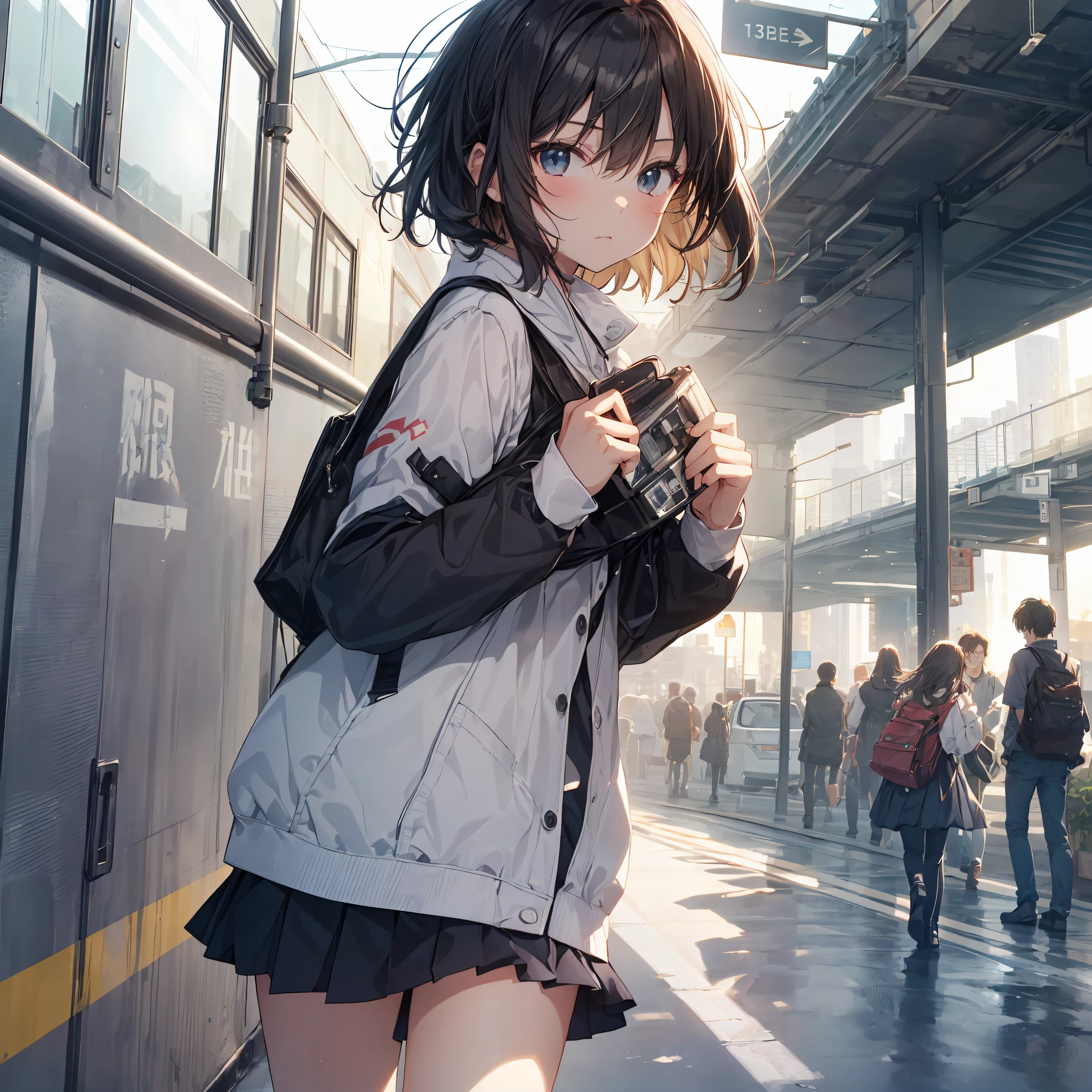 Portrait, Documentary, Photo, A girl is -yeld ger-neutral middle scrt black hair and small chest, walking on the school commute route with a tired expression, Short hair, School uniform, skirt, School commute route, High quality, Realistic, Eye-level shot, Medium shot, side view, Natural lighting, School commute,break,1girl, (Solo,Loli face,13-year-old:1.5),a junior highchotudenandrogynous flat chest, Small butt, Beautiful detailed black eyes, disgusted eye,break,((top quality,shinkai makoto style,ultra-detailed,high resolution,extremely detailed CG,unity 8k wallpaper,by famous artist,perfect anatomy,super detailed skin,cinematic lighting)),